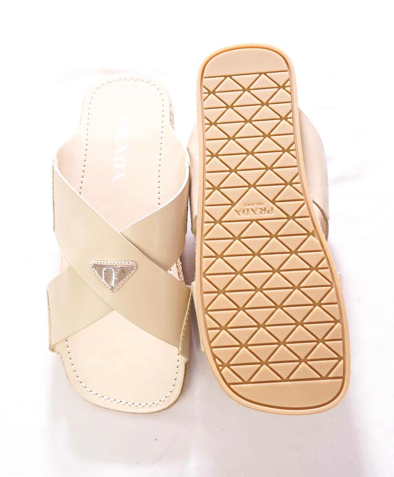 $950 PRADA - Leather Tan Crisscross Slides Sandals - US 10 (9UK)