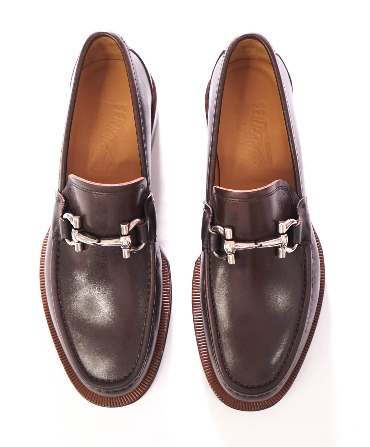 $850 SALVATORE FERRAGAMO - Lug Sole Leather Brown Loafers - 7 EE