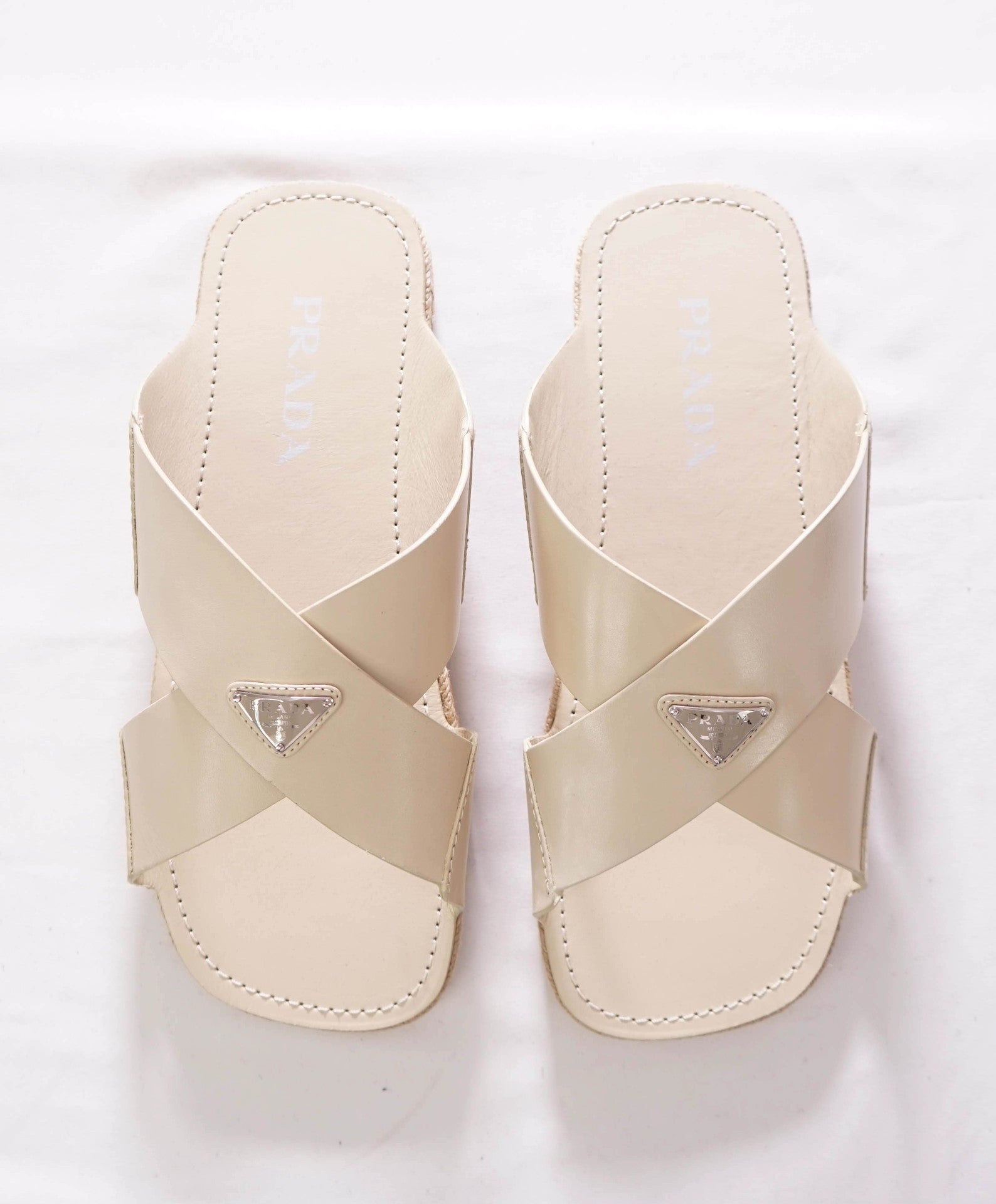 $950 PRADA - Leather Tan Crisscross Slides Sandals - US 10 (9UK)