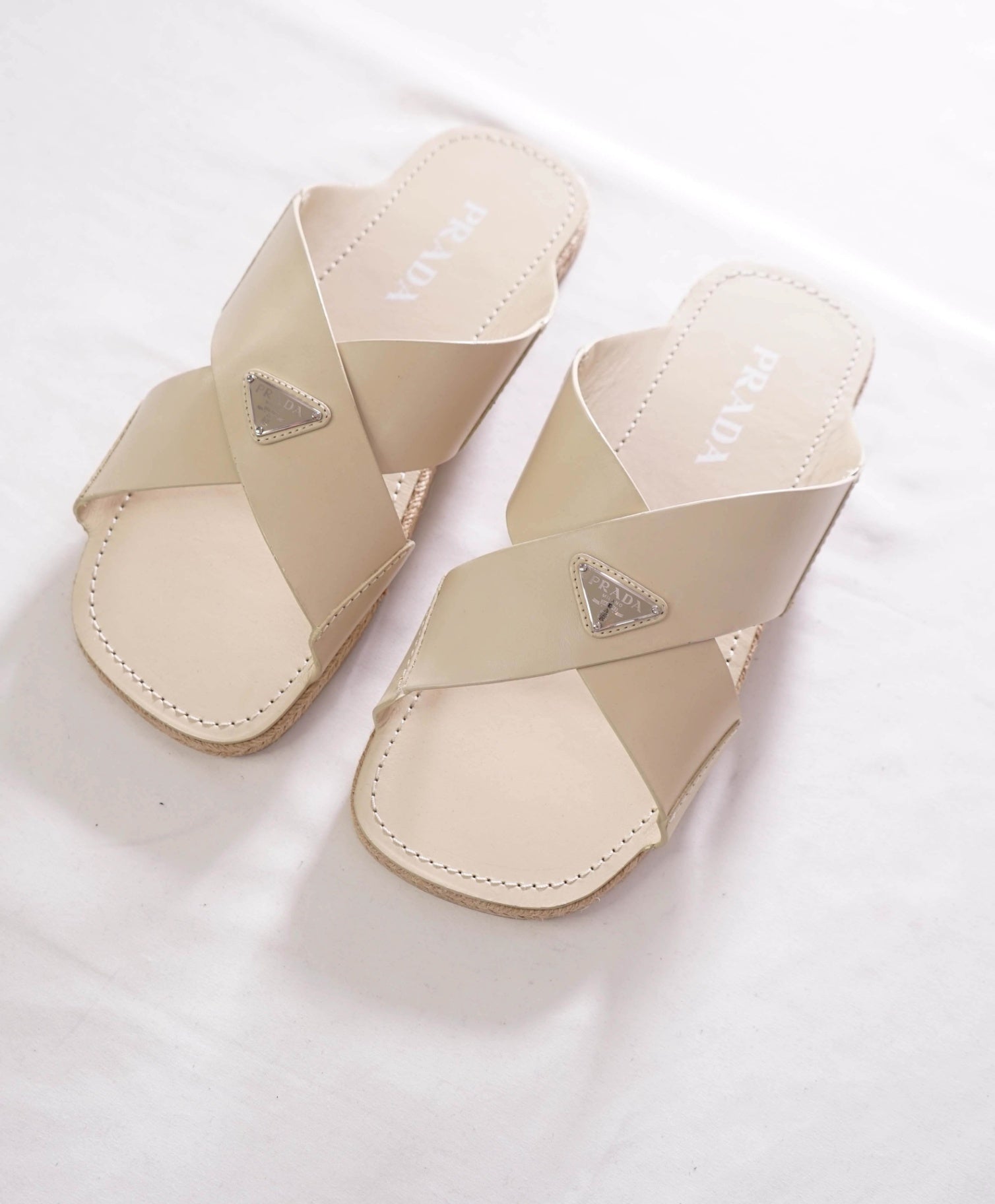 $950 PRADA - Leather Tan Crisscross Slides Sandals - US 10 (9UK)