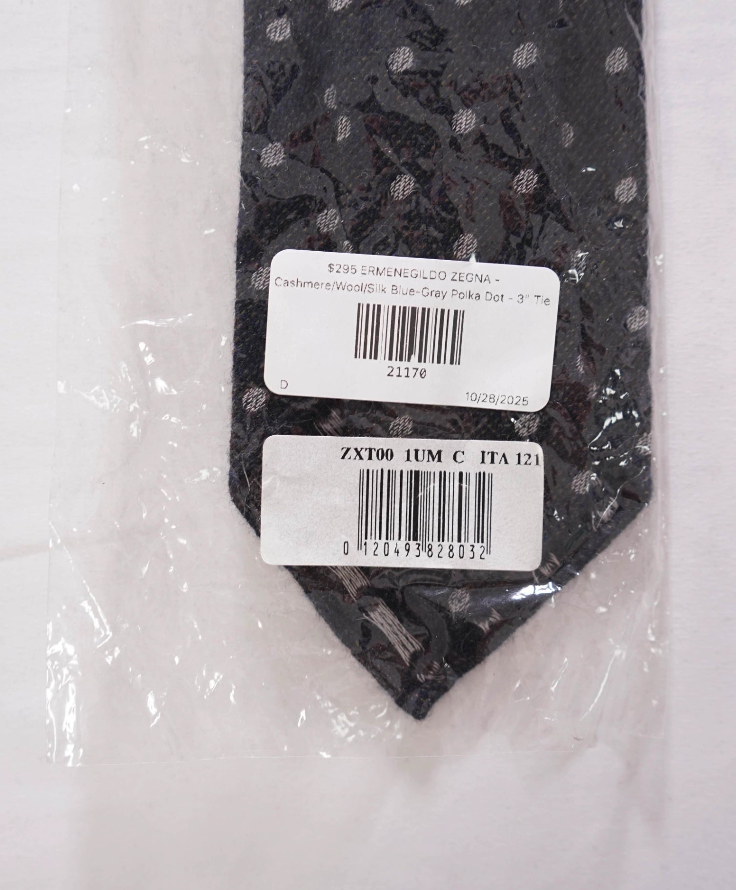 $295 ZEGNA - Cashmere/Wool/Silk Blue-Gray Polka Dot - 3" Unlined Tie