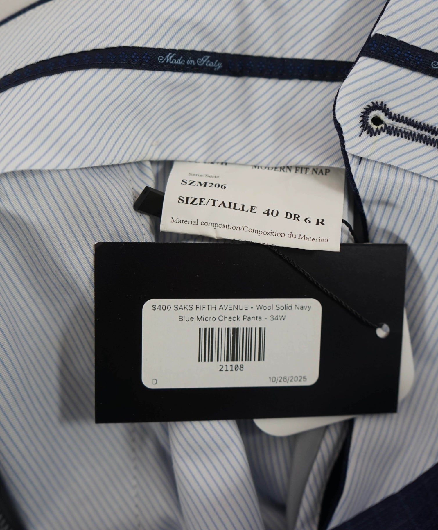 $400 SAKS FIFTH AVENUE - Wool Navy Blue Micro Check Pants - 34W