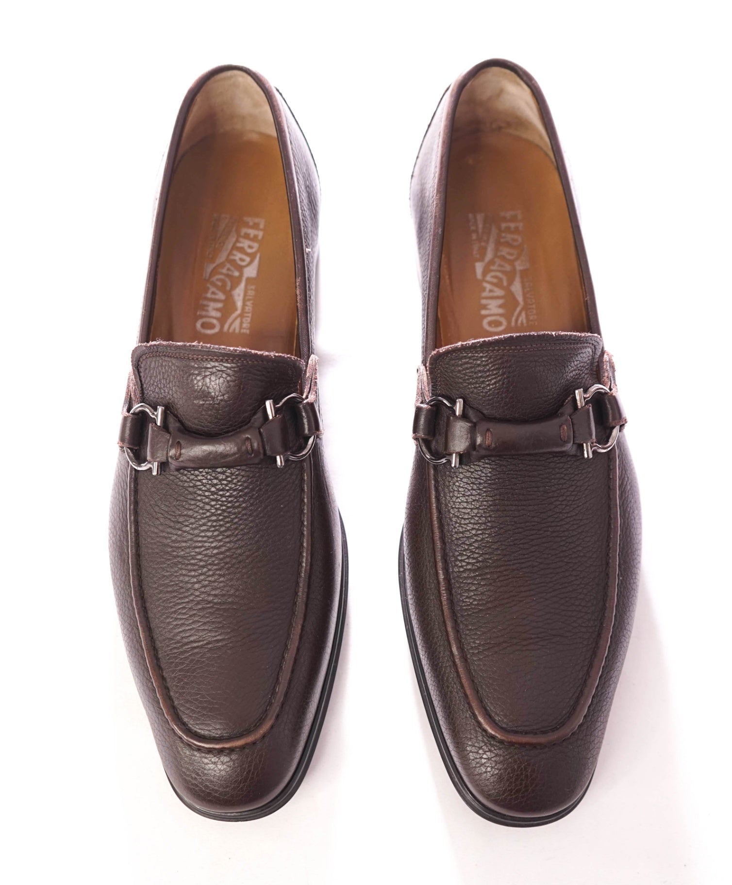 $895 SALVATORE FERRAGAMO - Leather Brown Pebble Loafers - 10.5 D