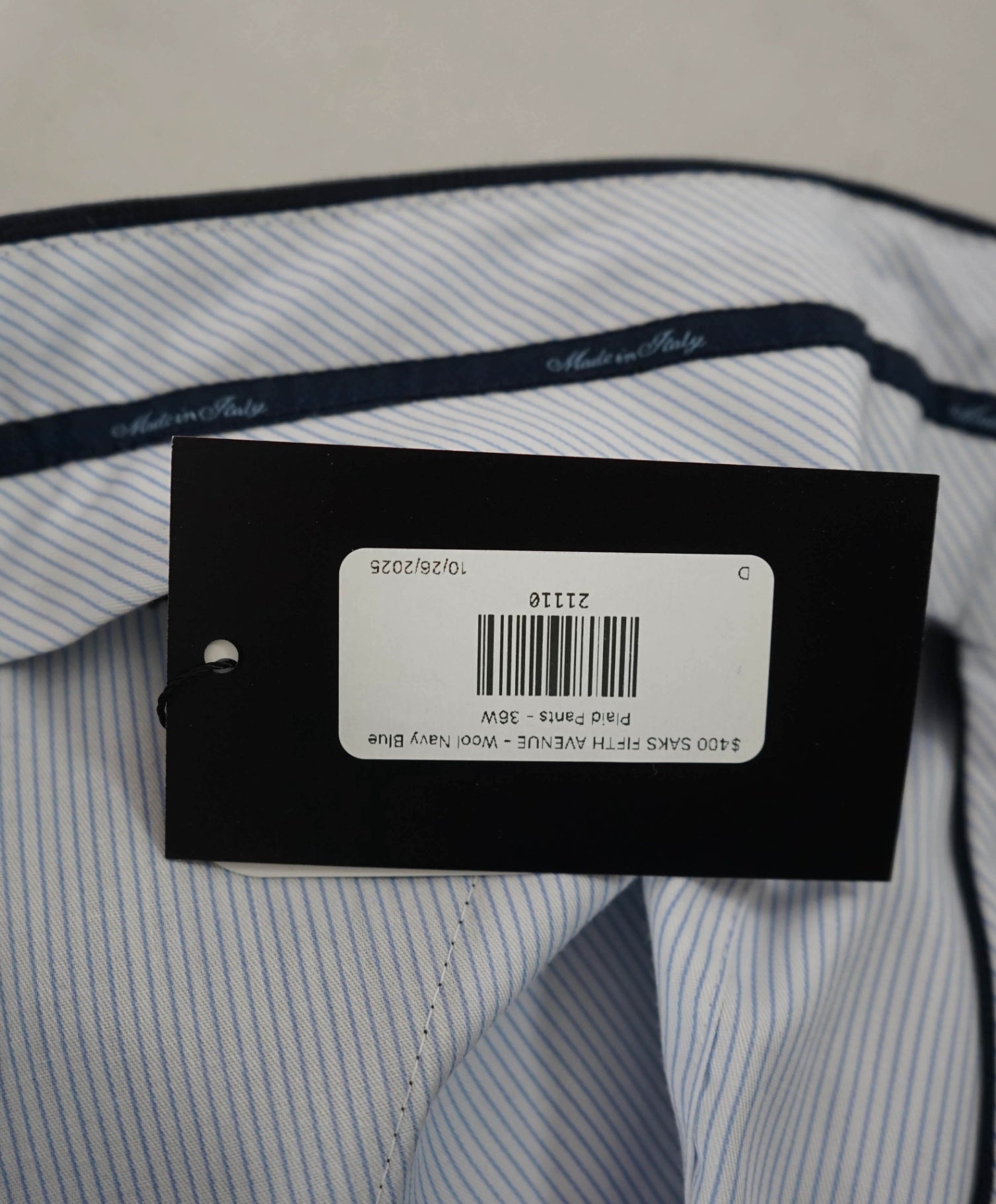 $400 SAKS FIFTH AVENUE - Wool Navy Blue Plaid Pants - 36W