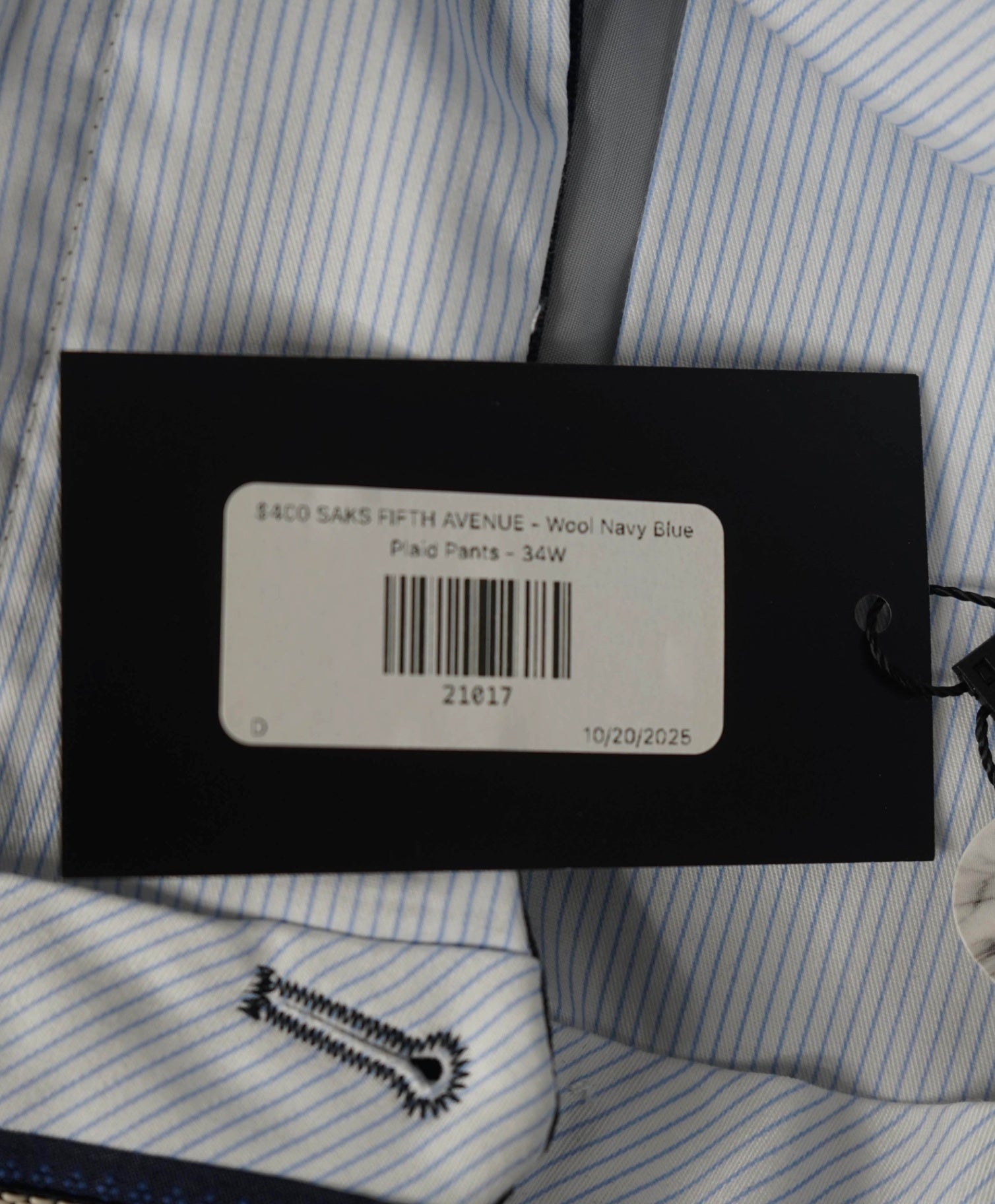 $400 SAKS FIFTH AVENUE - Wool Navy Blue Plaid Pants - 34W