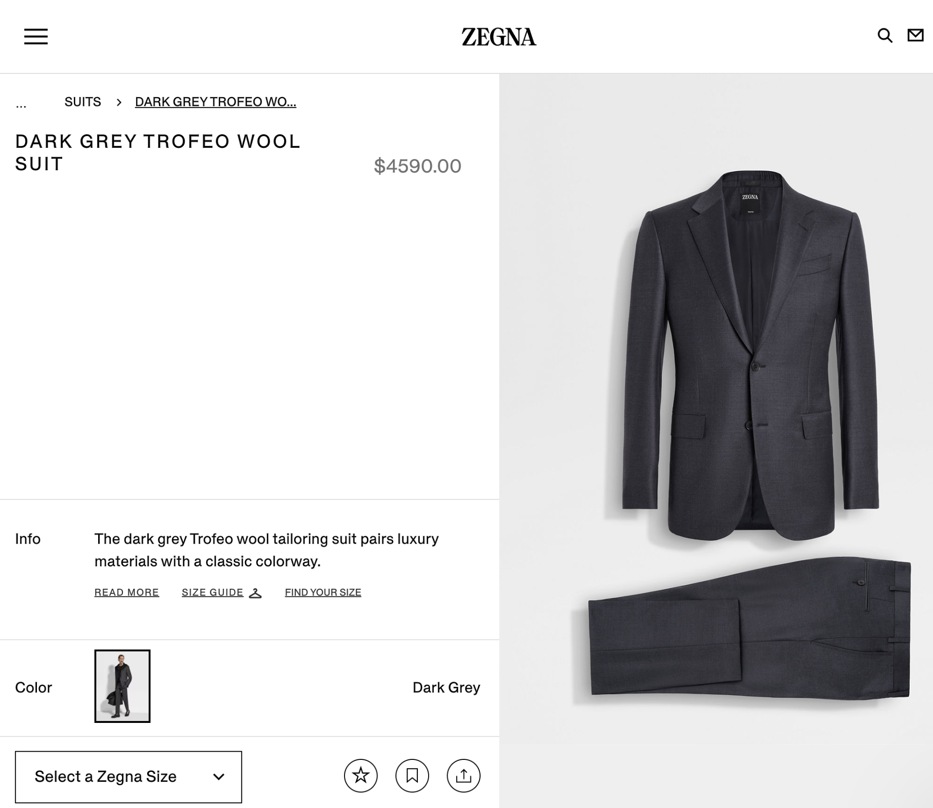 $4,590 ZEGNA - "TROFEO" Wool Gray Iconic 2-Btn Suit - 36R