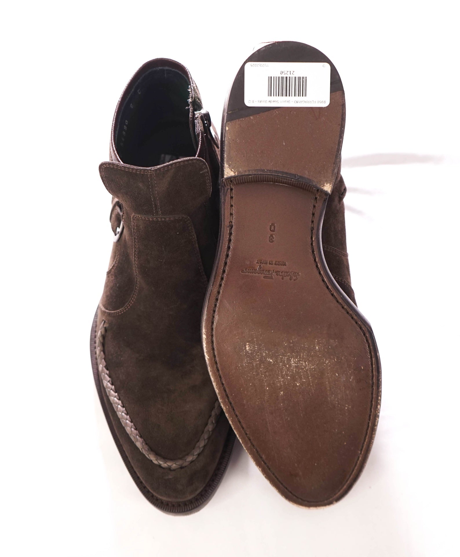$1,150 FERRAGAMO - Braided Brown Suede Western Heel Boots - 8 D