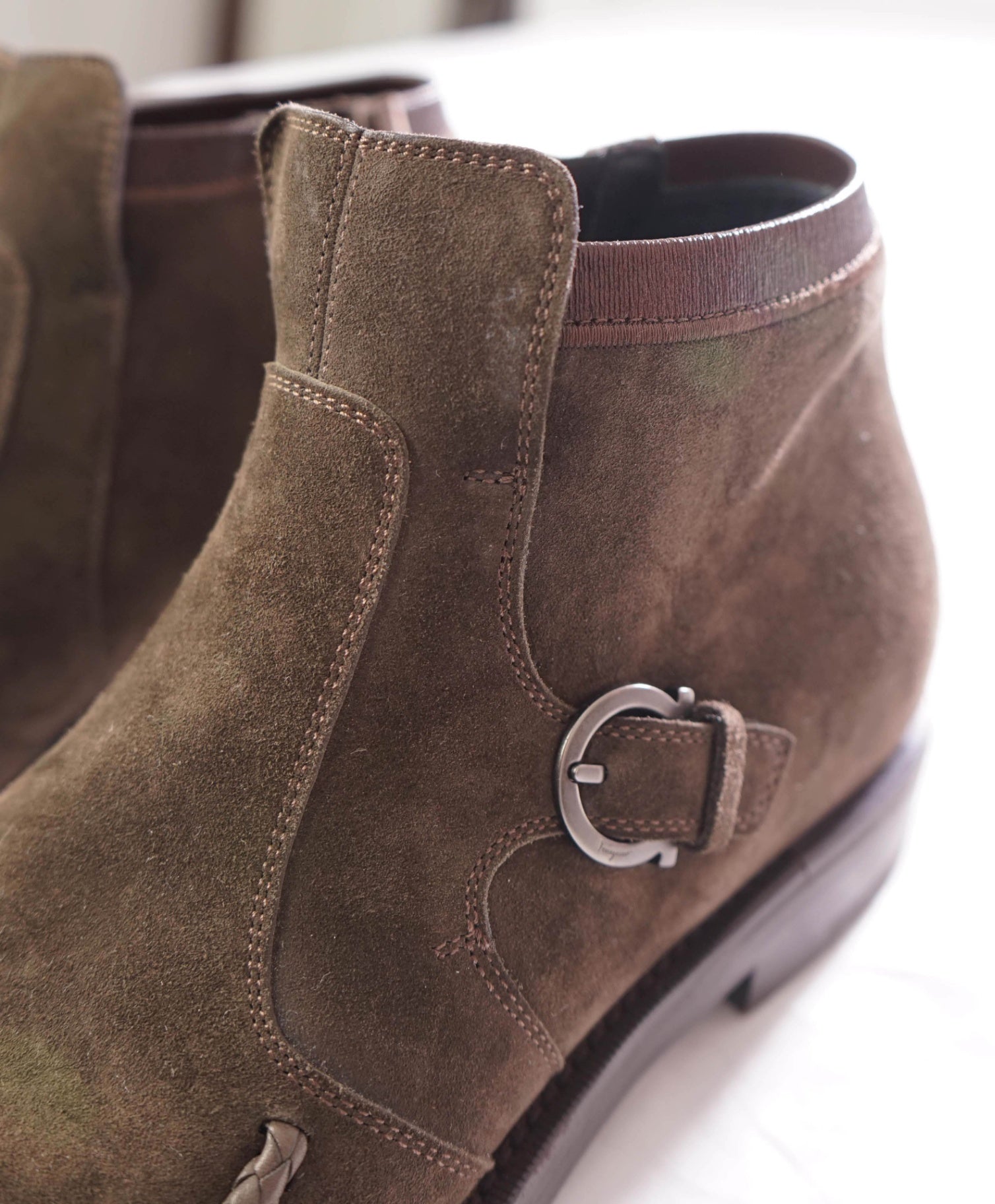 $1,150 FERRAGAMO - Braided Brown Suede Western Heel Boots - 8 D