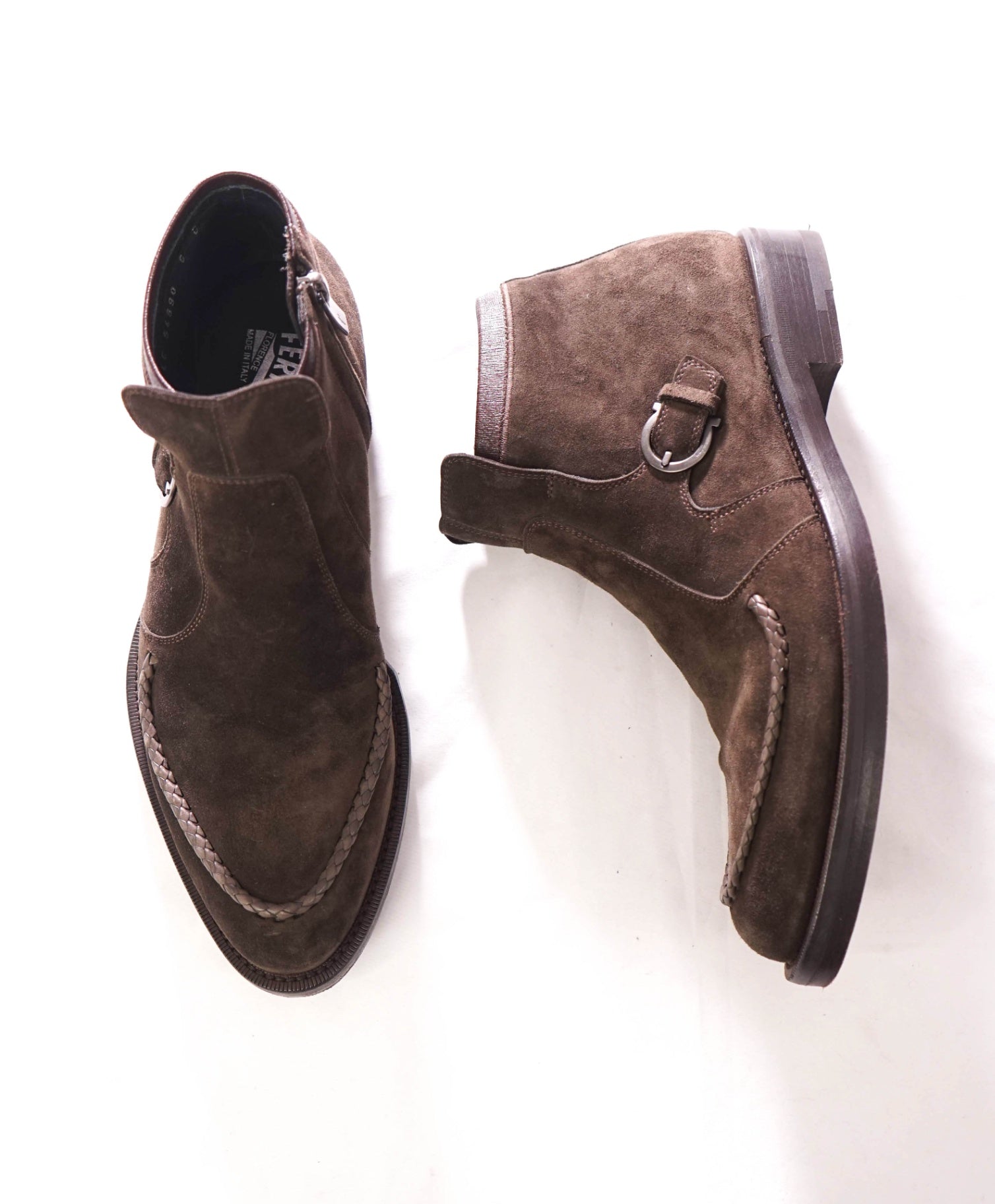 $1,150 FERRAGAMO - Braided Brown Suede Western Heel Boots - 8 D