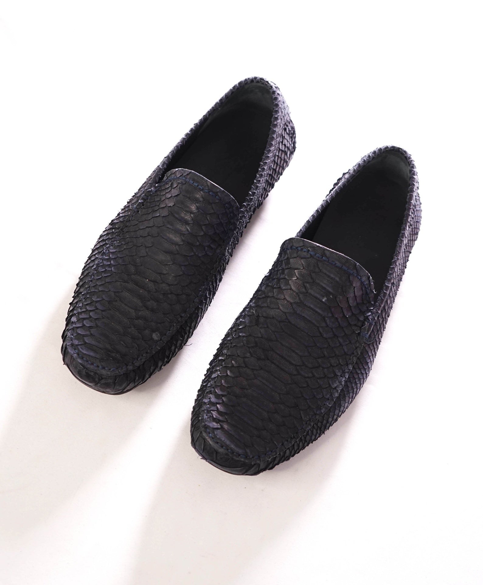 $2,200 FERRAGAMO - Python Skin Navy Driving Loafers - 8.5 EE
