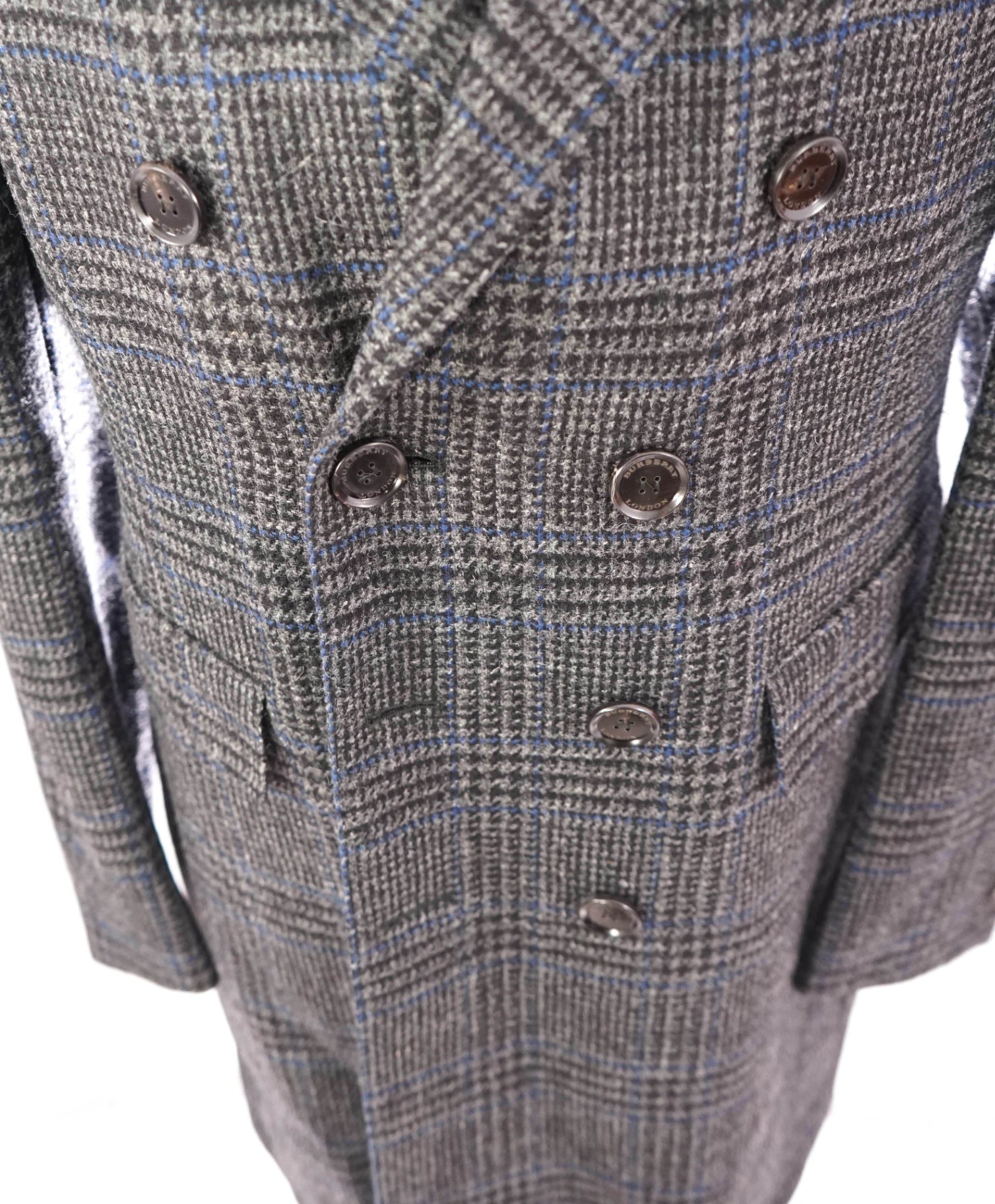 $2,950 BURBERRY LONDON - Wool Gray/Blue Plaid Overcoat - 46