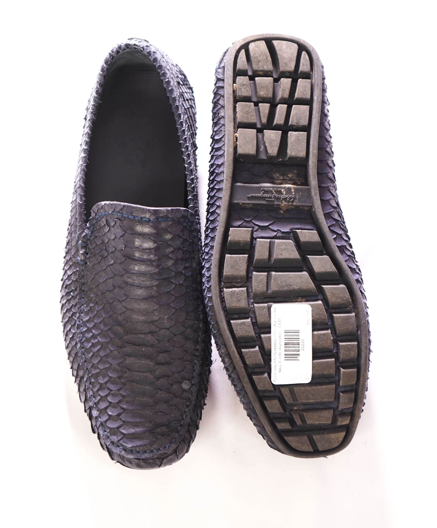 $2,200 FERRAGAMO - Python Skin Navy Driving Loafers - 8.5 EE