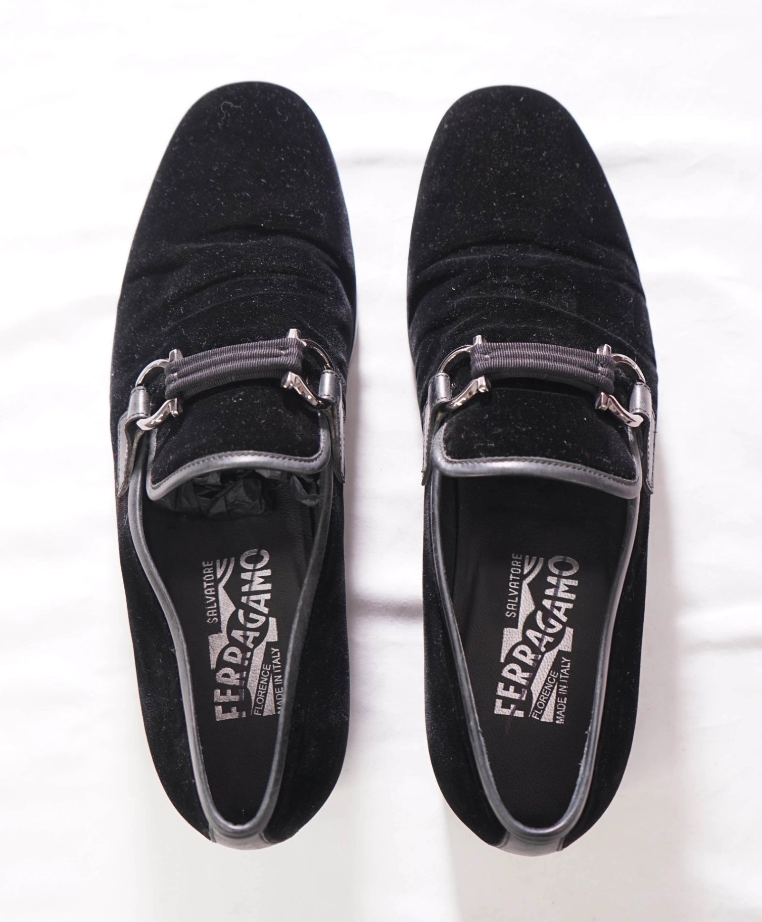 $700 FERRAGAMO - Velvet "PARTY" Black Smoking Loafers - 7 D