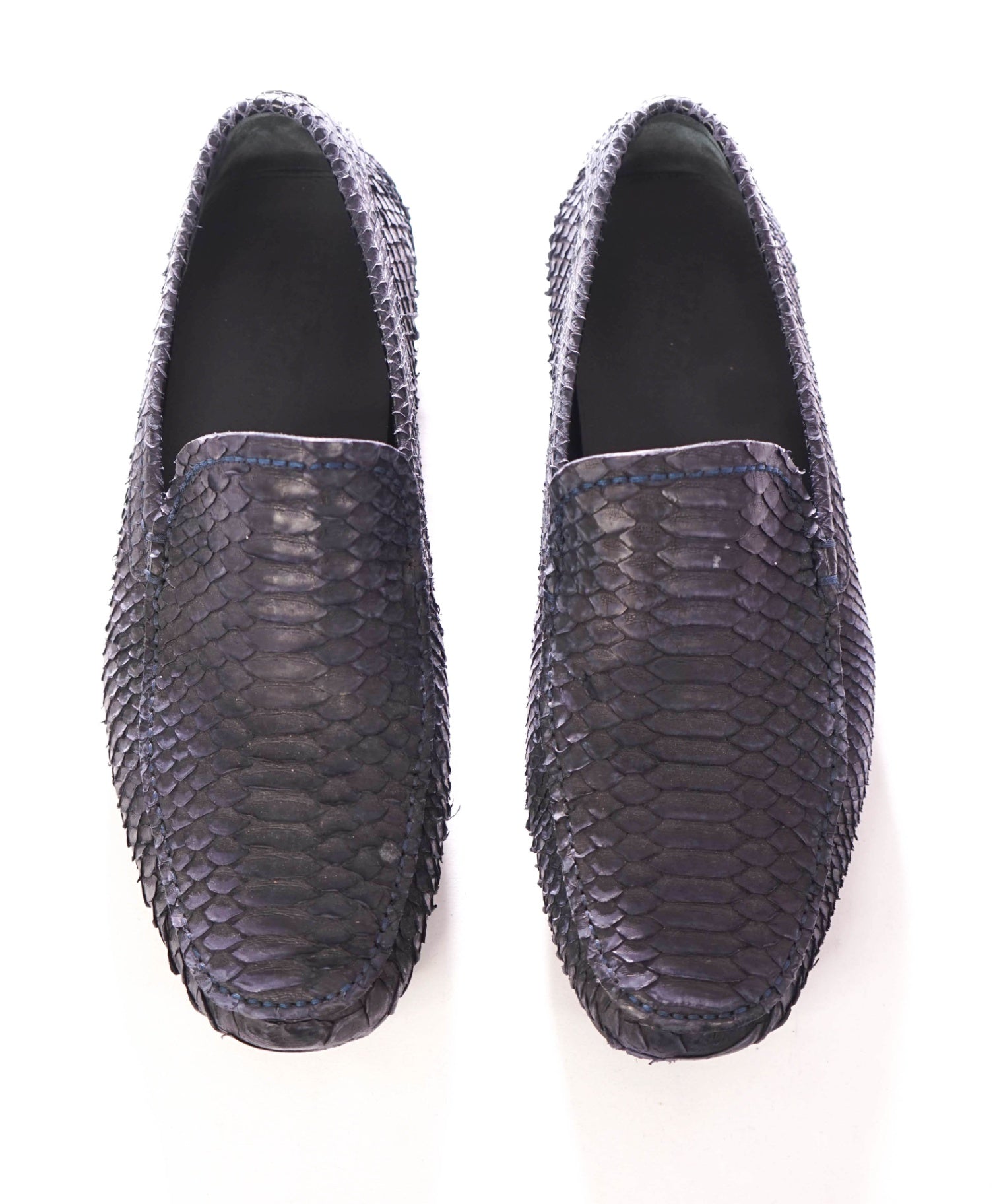 $2,200 FERRAGAMO - Python Skin Navy Driving Loafers - 8.5 EE