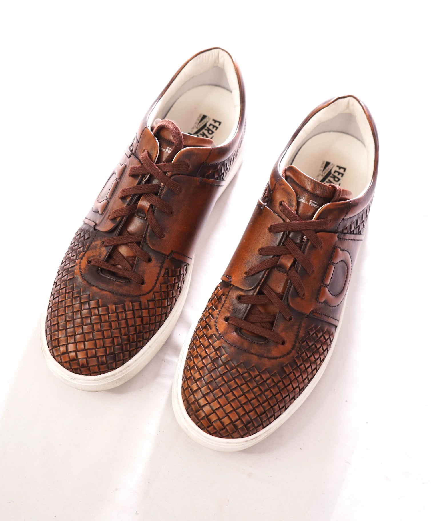 $850 FERRAGAMO - Brown "CULT 4" Woven Leather Sneakers - 11 M
