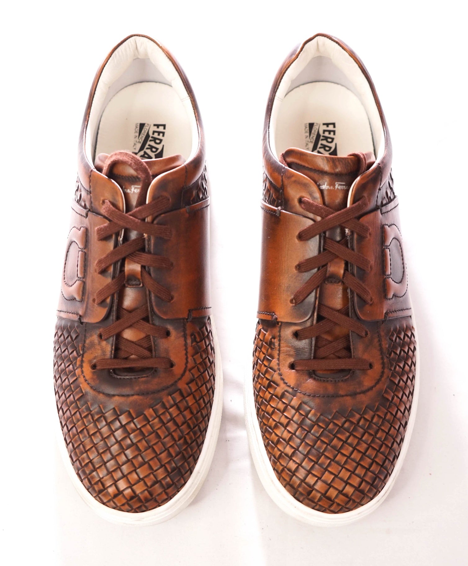 $850 FERRAGAMO - Brown "CULT 4" Woven Leather Sneakers - 11 M