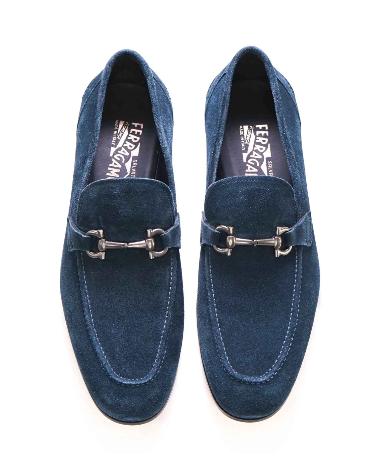 $850 FERRAGAMO - Navy Blue Suede "TAPAS" Loafers - 9 EE