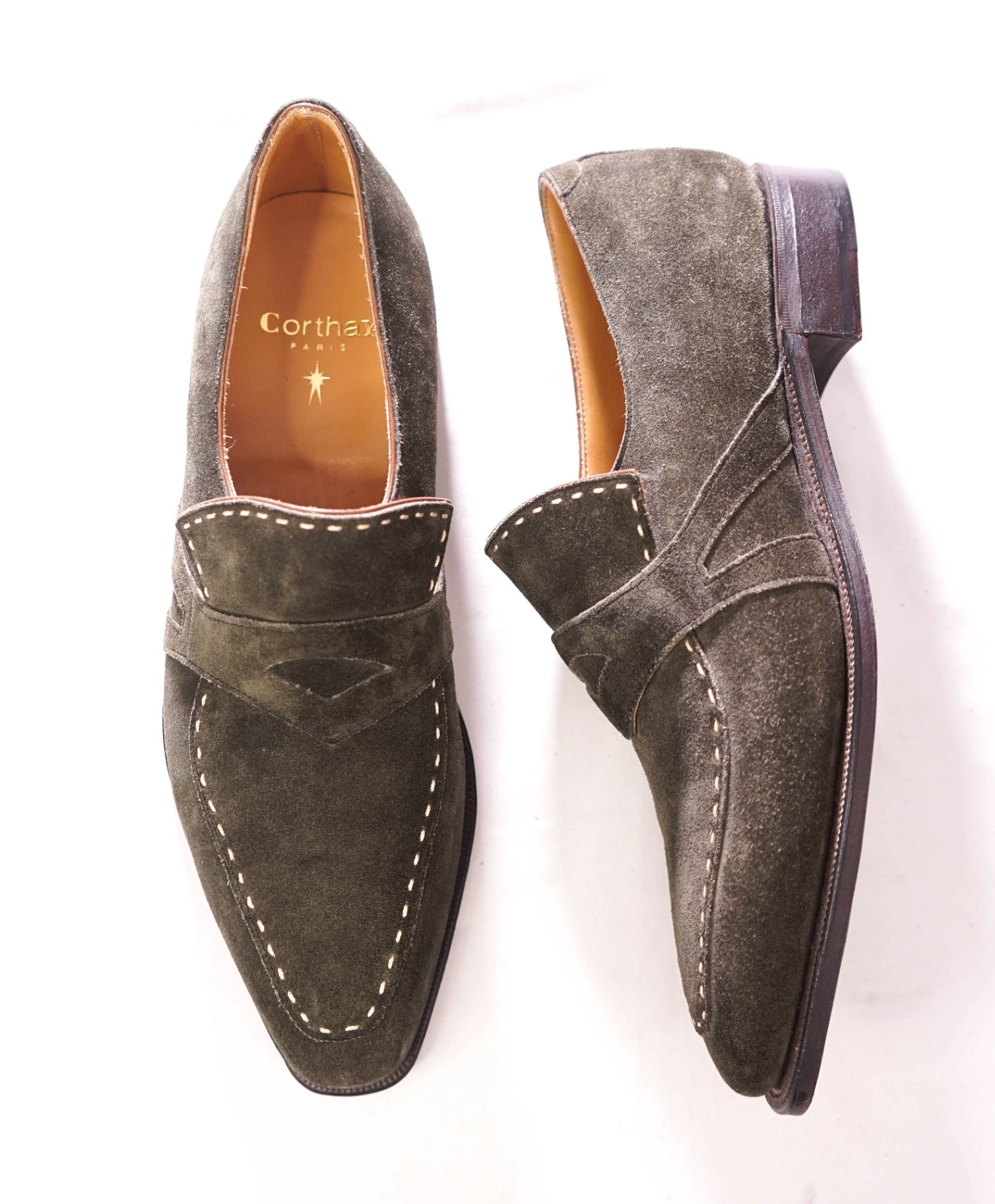 $2,460 CORTHAY - Green Suede "RASCAILLE" Loafers - 8