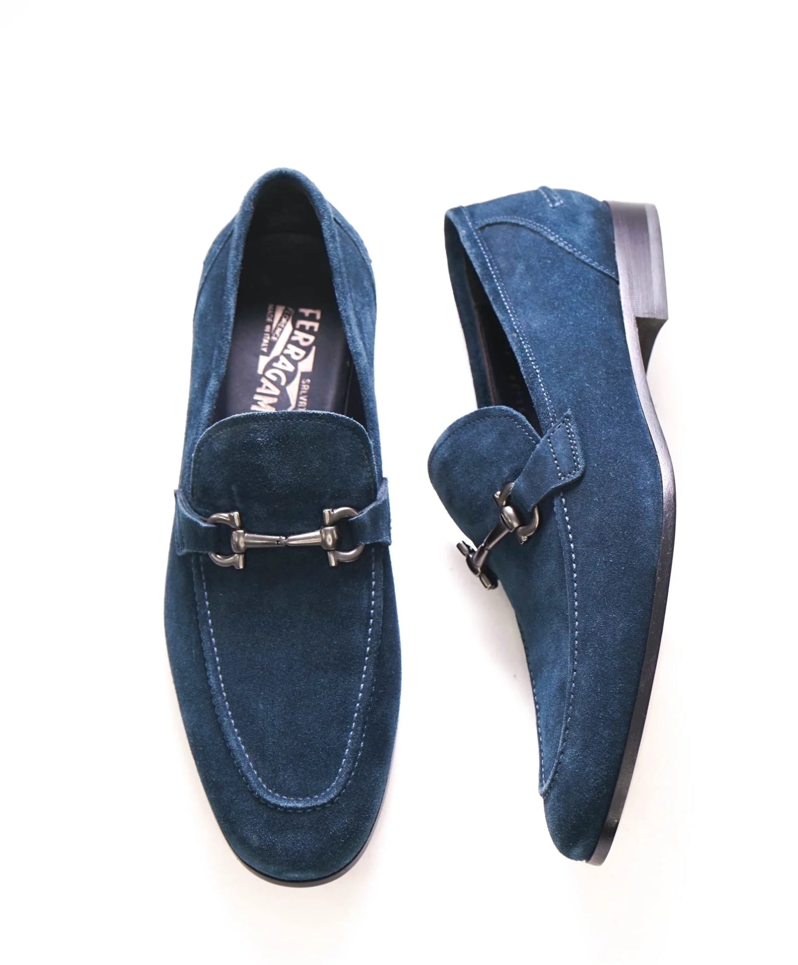 $850 FERRAGAMO - Navy Blue Suede "TAPAS" Loafers - 9 EE