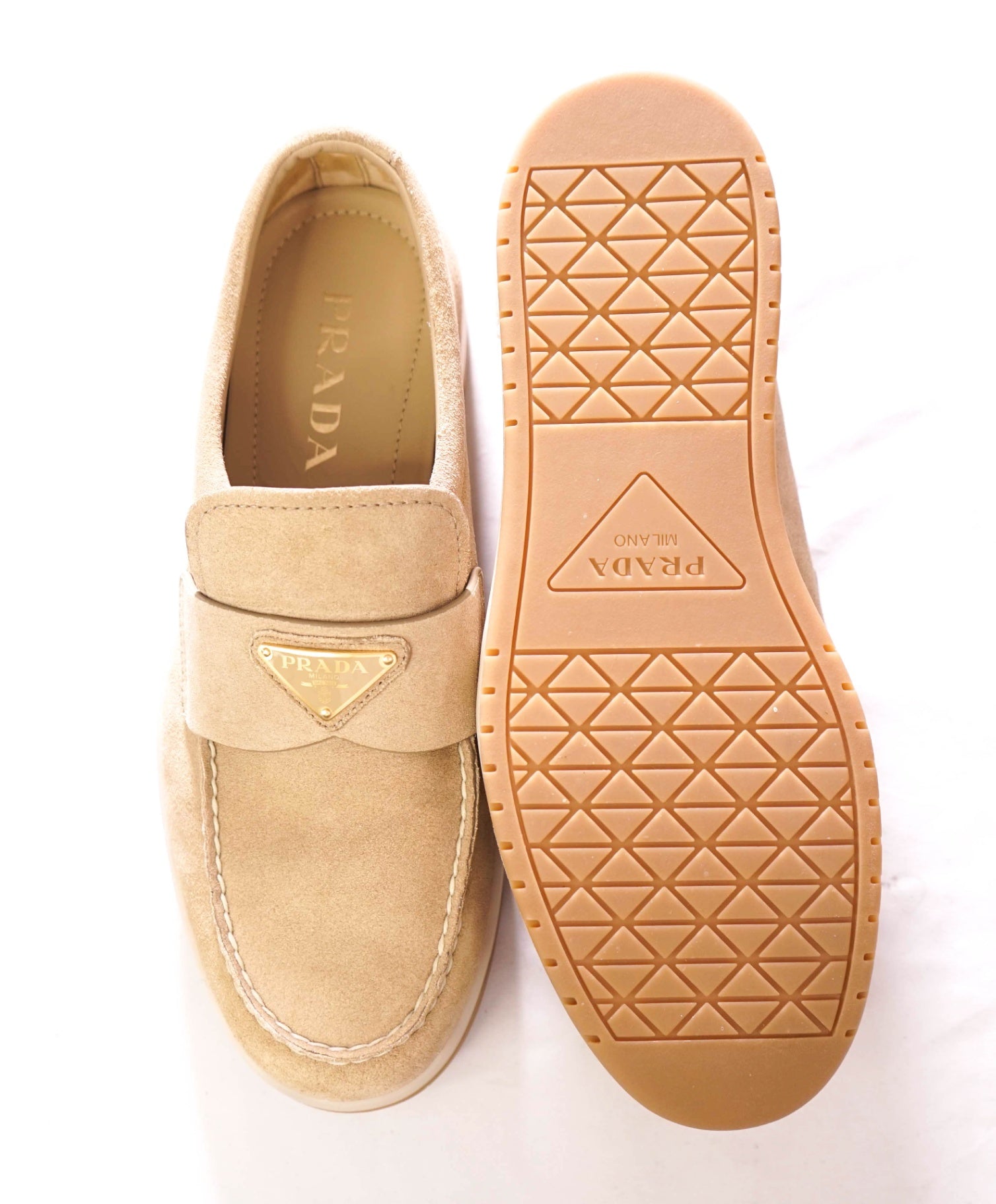 $1,070 PRADA - Tan Suede TRIANGLE LOGO Loafers - US 8 (UK7)