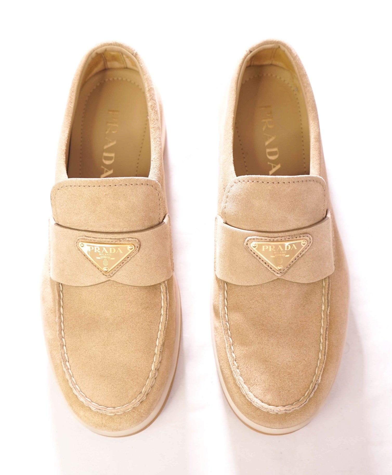 $1,070 PRADA - Tan Suede TRIANGLE LOGO Loafers - US 8 (UK7)
