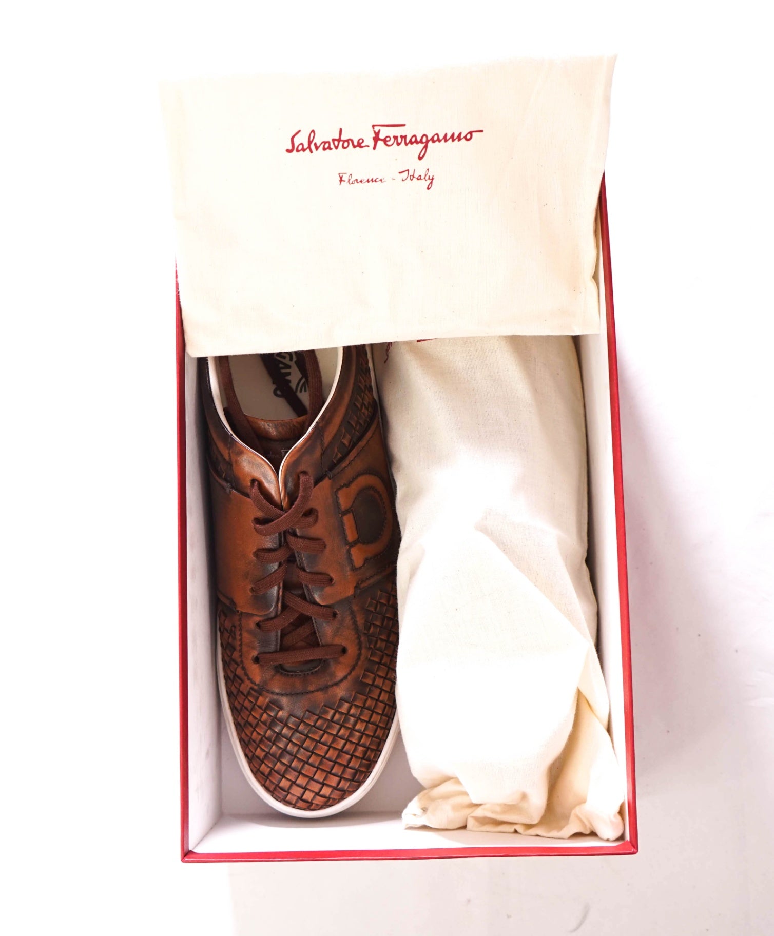 $850 FERRAGAMO - Brown "CULT 4" Woven Leather Sneakers - 11 M