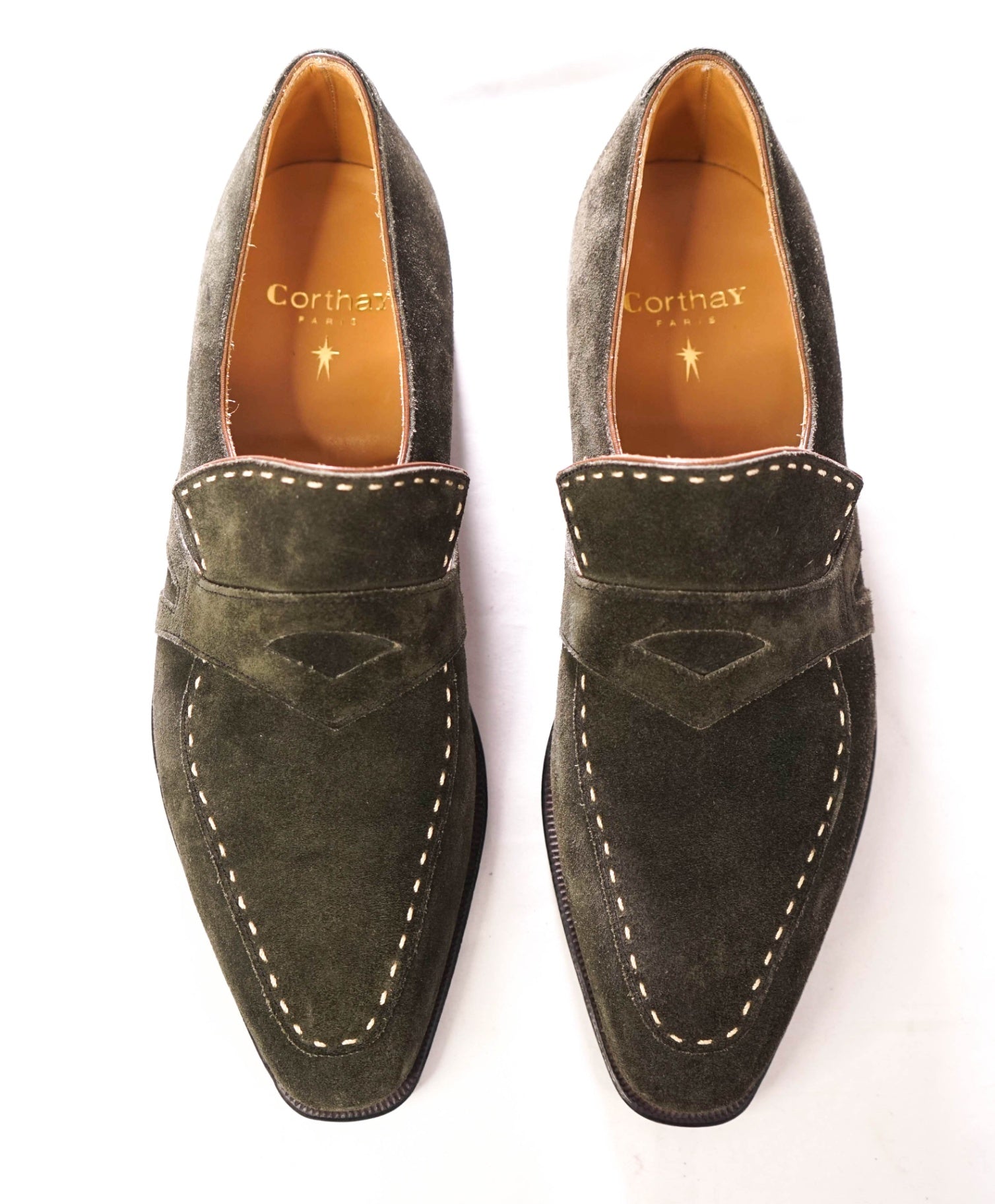 $2,460 CORTHAY - Green Suede "RASCAILLE" Loafers - 8