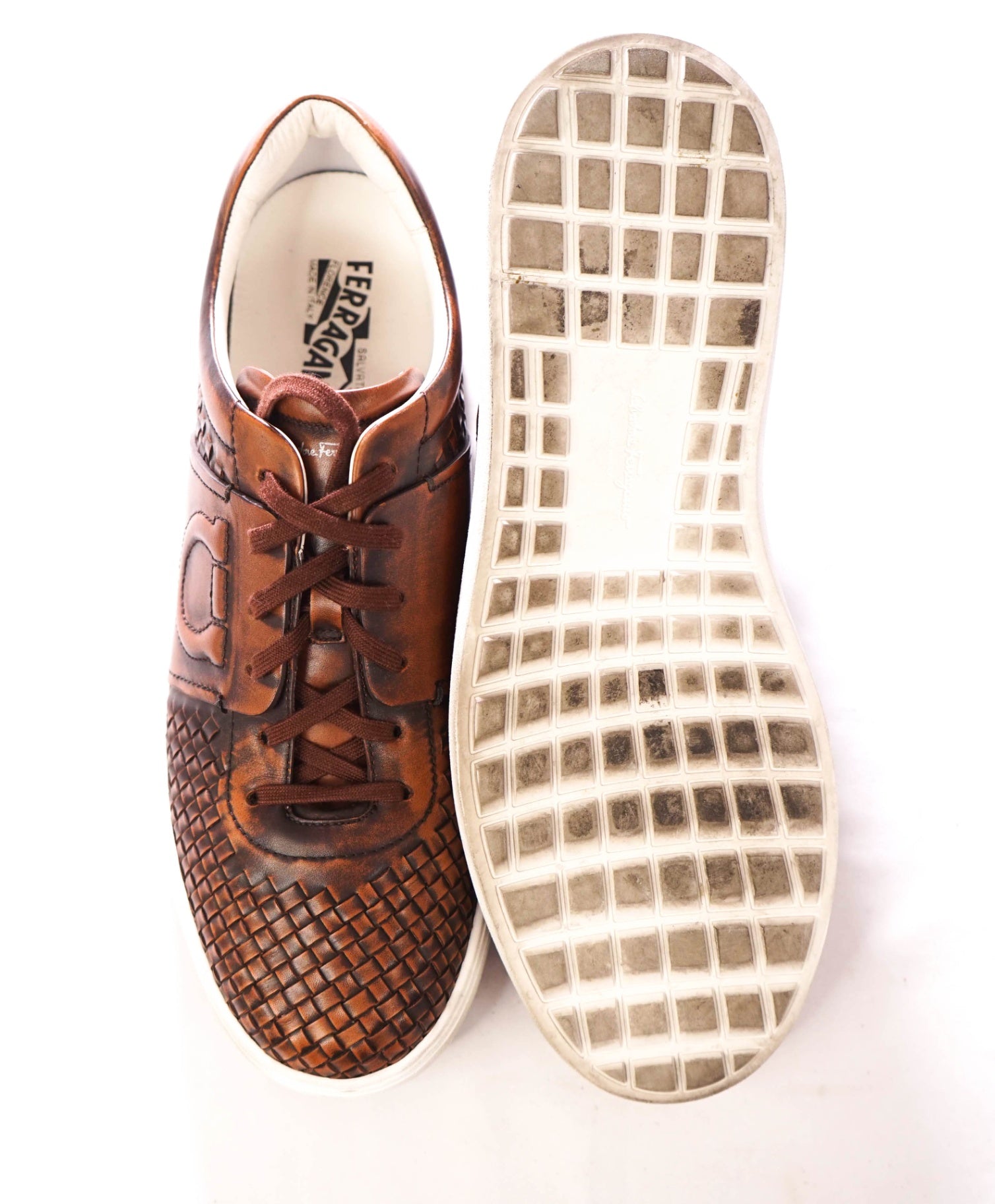 $850 FERRAGAMO - Brown "CULT 4" Woven Leather Sneakers - 11 M
