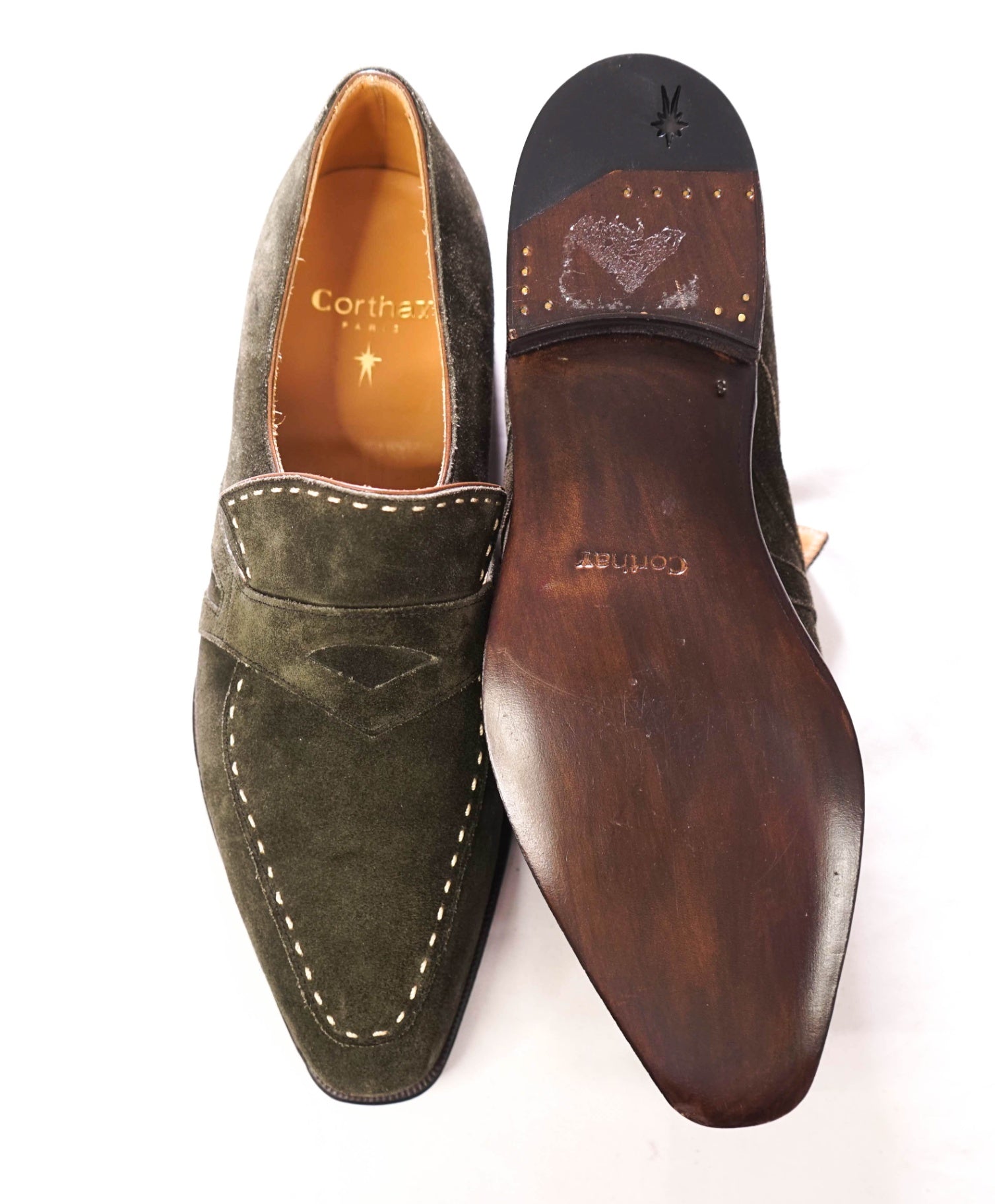 $2,460 CORTHAY - Green Suede "RASCAILLE" Loafers - 8