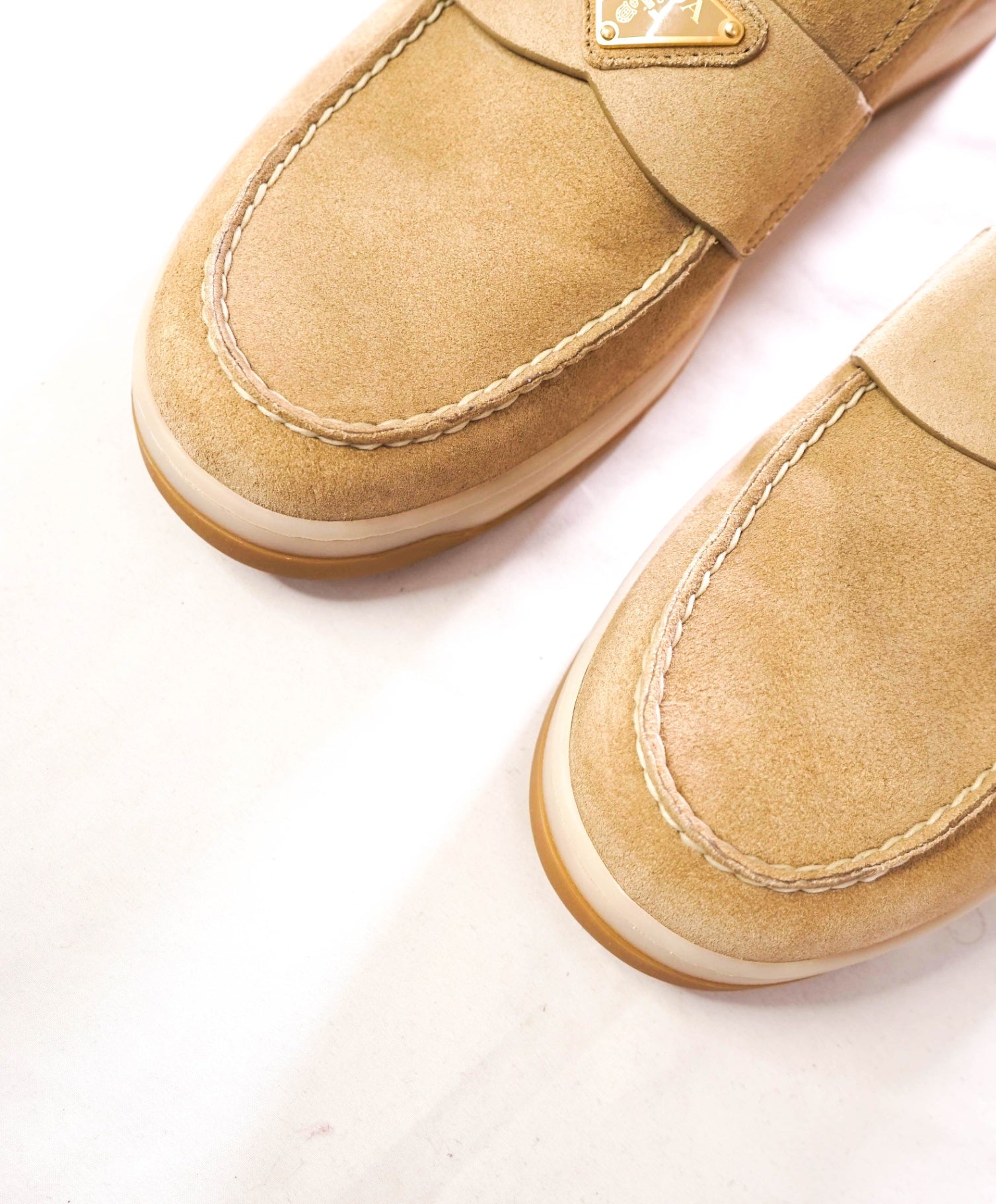 $1,070 PRADA - Tan Suede TRIANGLE LOGO Loafers - US 8 (UK7)