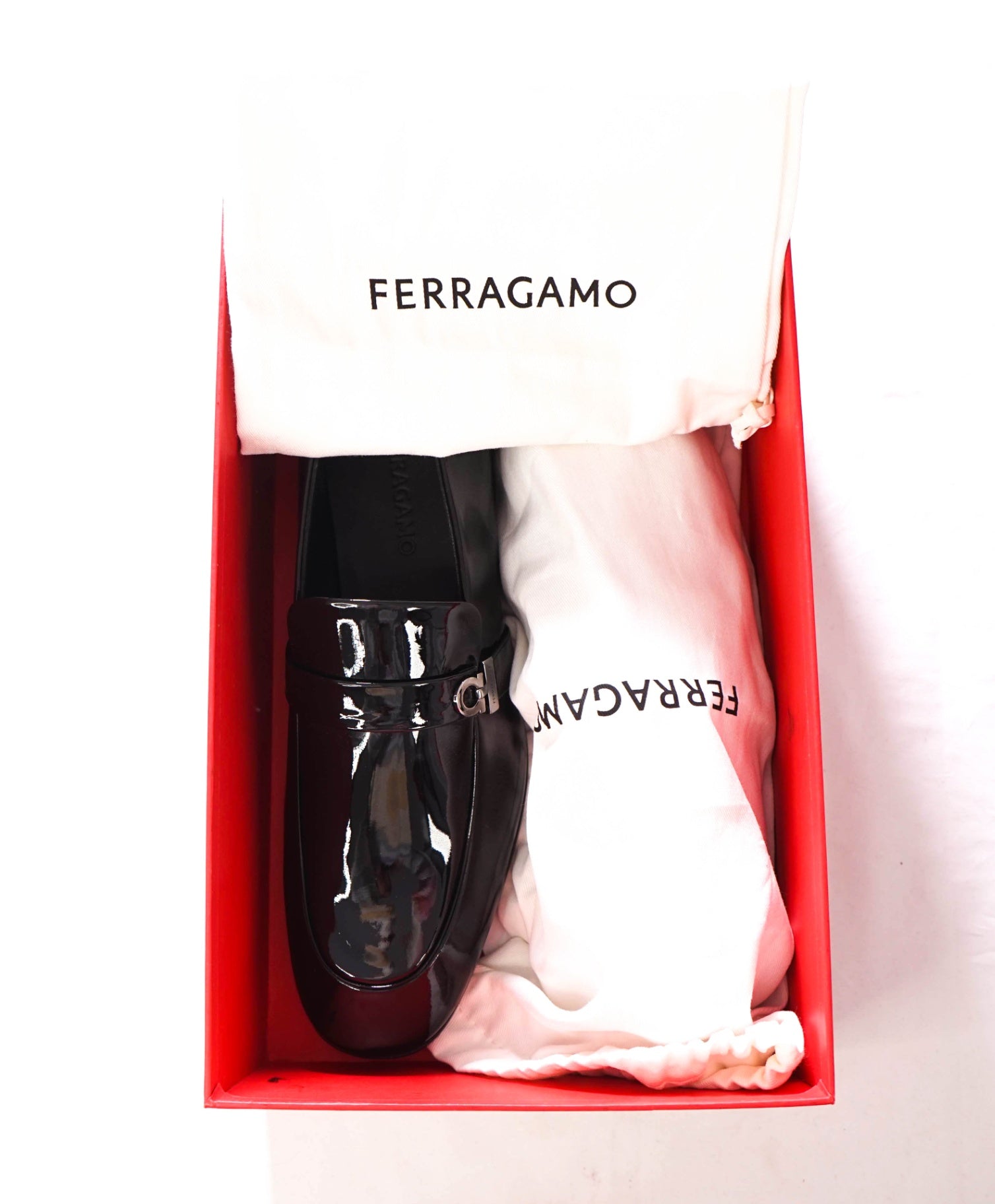 $950 FERRAGAMO - Black Patent Leather "DEAL" Loafers - 9 EE