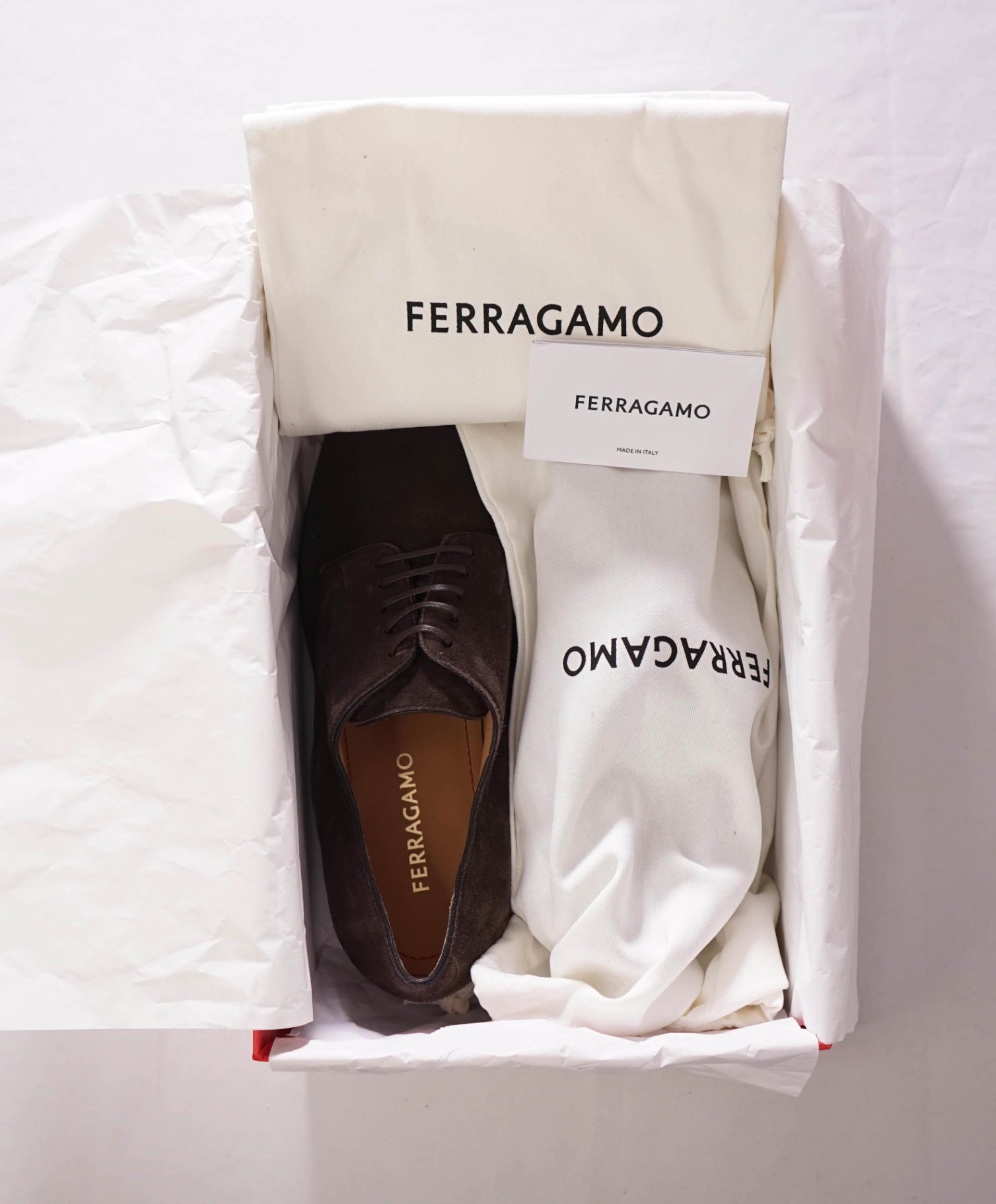 $880 FERRAGAMO - "FOSCO" Chocolate Brown Suede Derby - 10 E