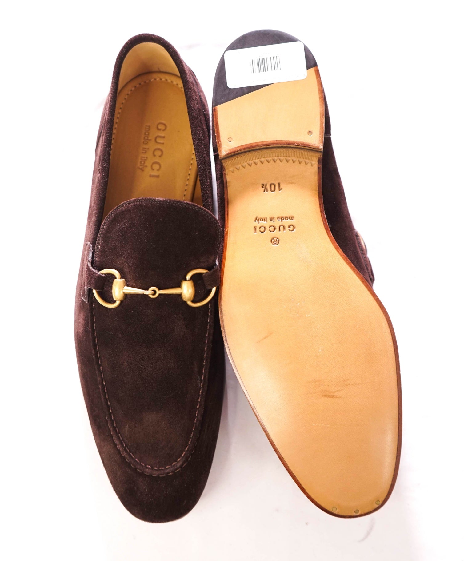 $1,090 GUCCI - JORDAAN Brown/Gold Suede Loafers - 11 (G10.5)