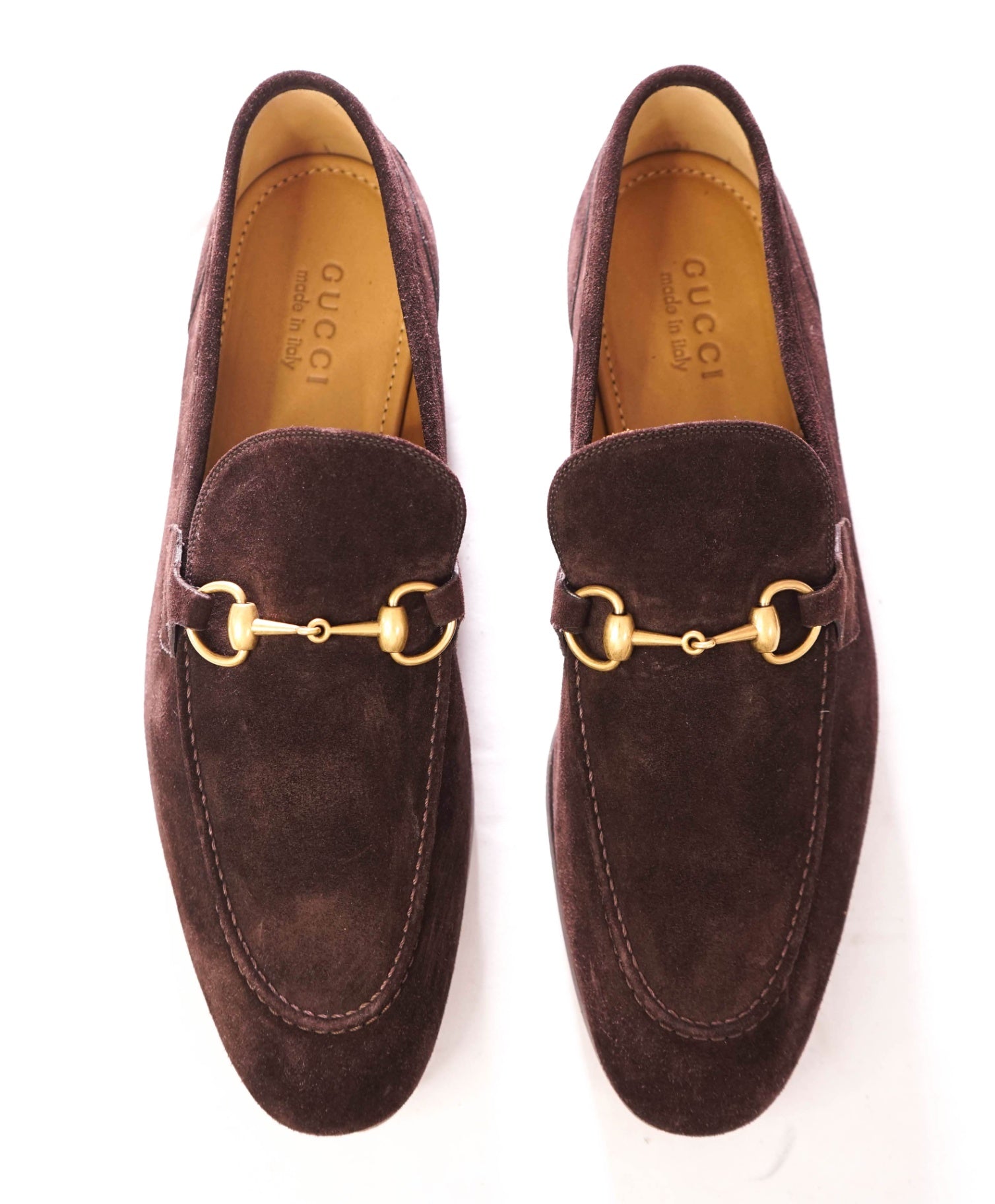 $1,090 GUCCI - JORDAAN Brown/Gold Suede Loafers - 11 (G10.5)