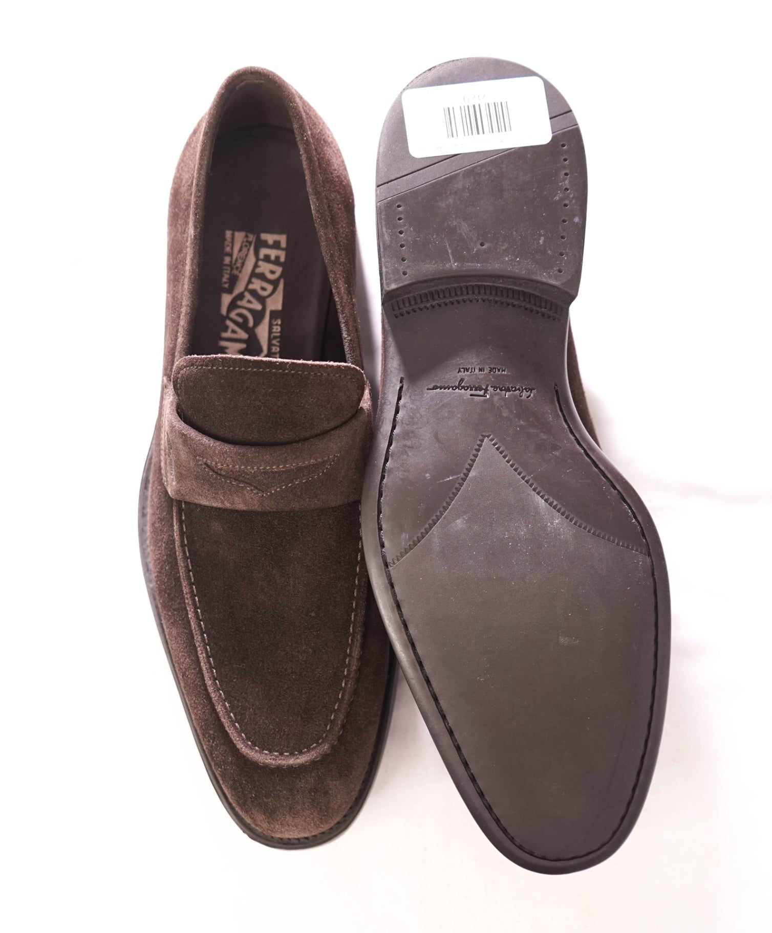 $850 FERRAGAMO - Brown Suede Penny Loafers - 7 EE