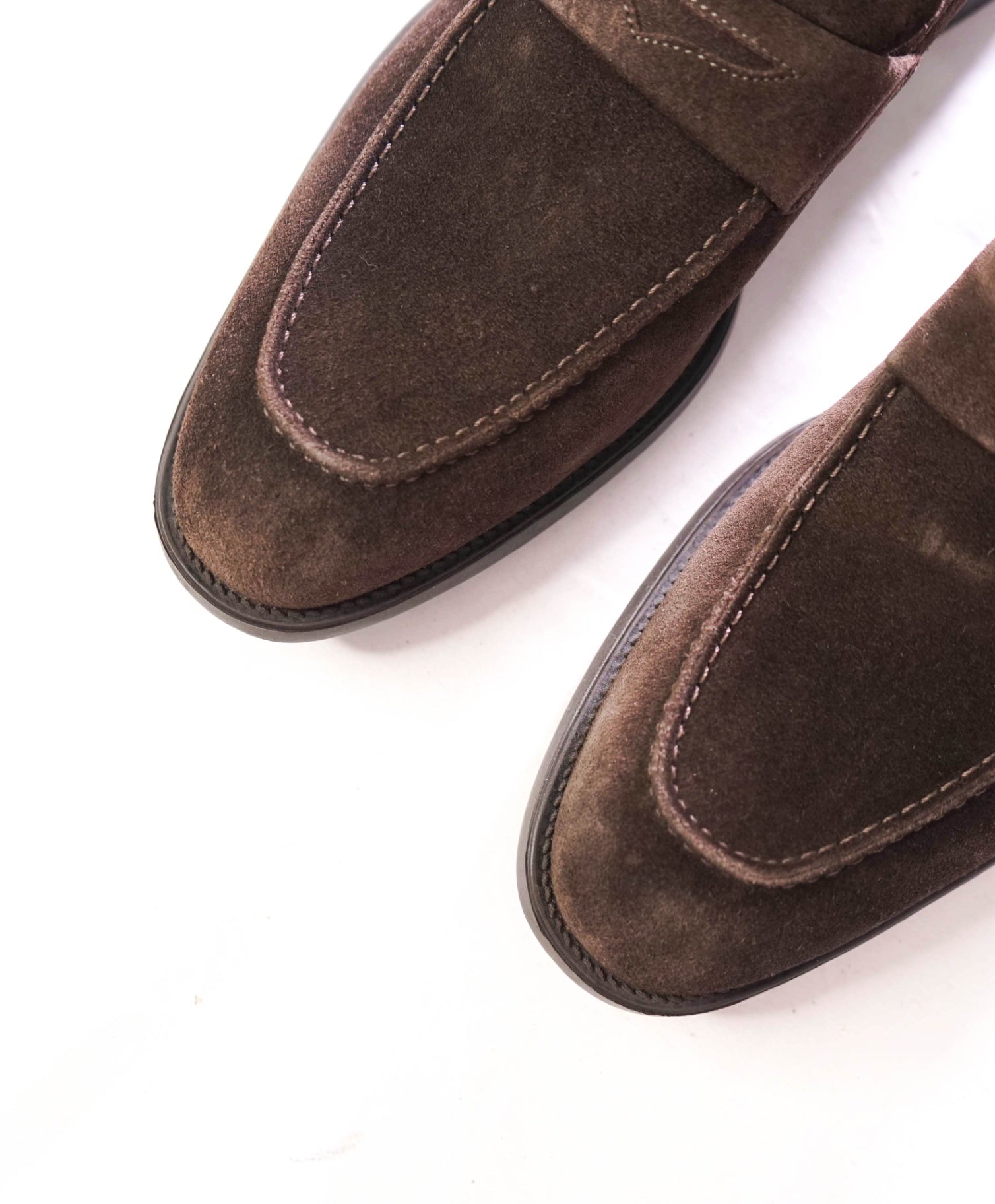 $850 FERRAGAMO - Brown Suede Penny Loafers - 7 EE
