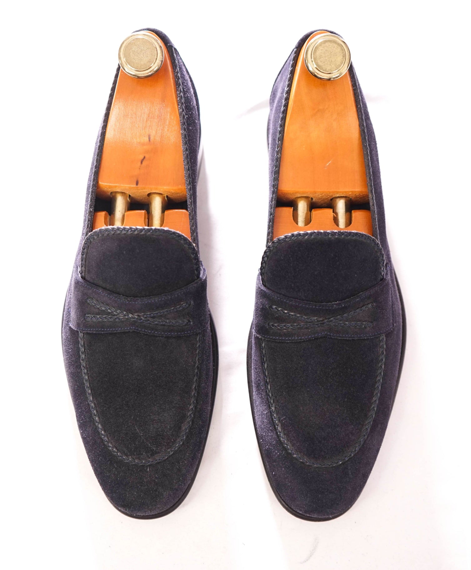$1,100 A.TESTONI - Navy Unlined Suede Moc Penny Loafer - 8