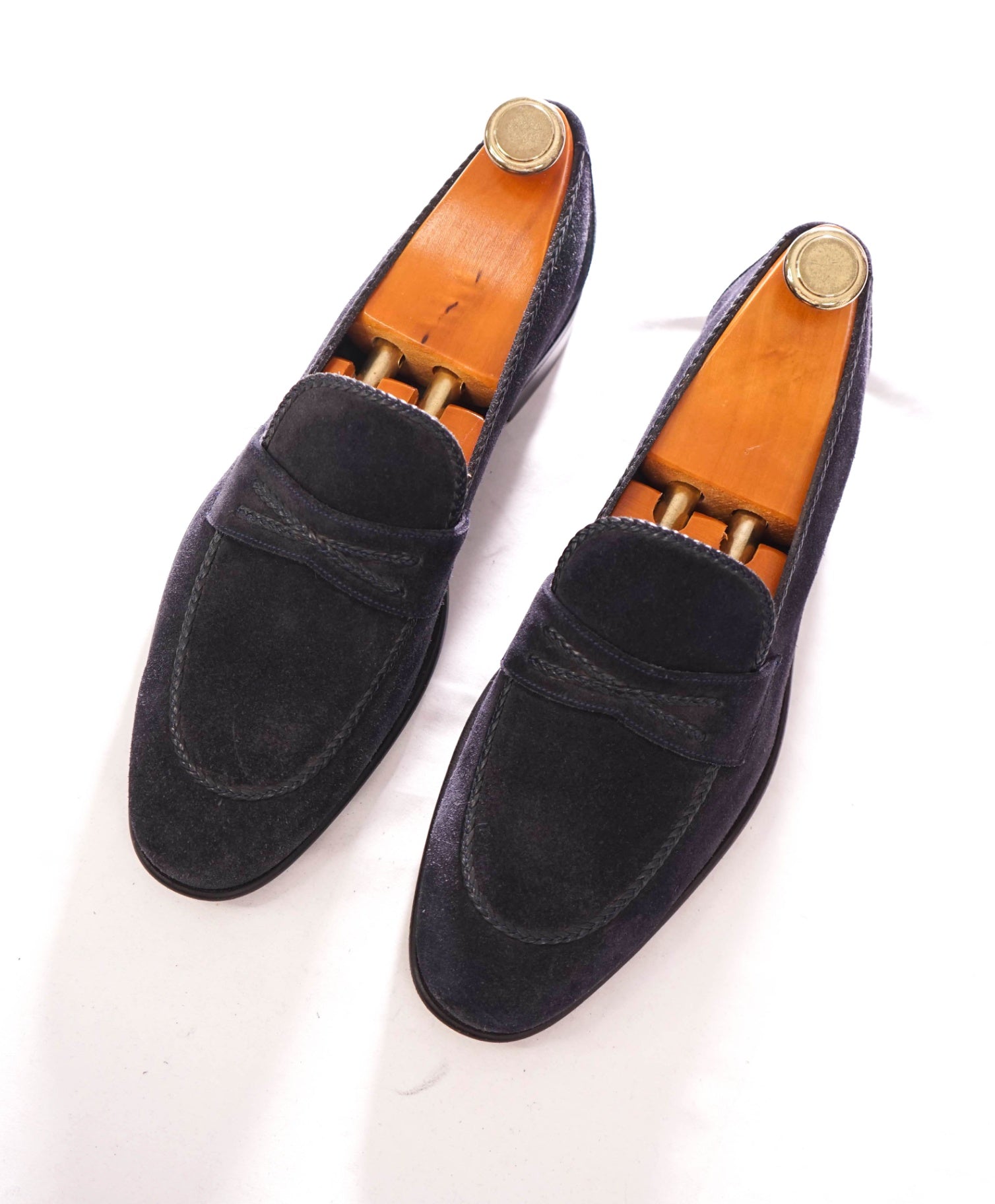 $1,100 A.TESTONI - Navy Unlined Suede Moc Penny Loafer - 8
