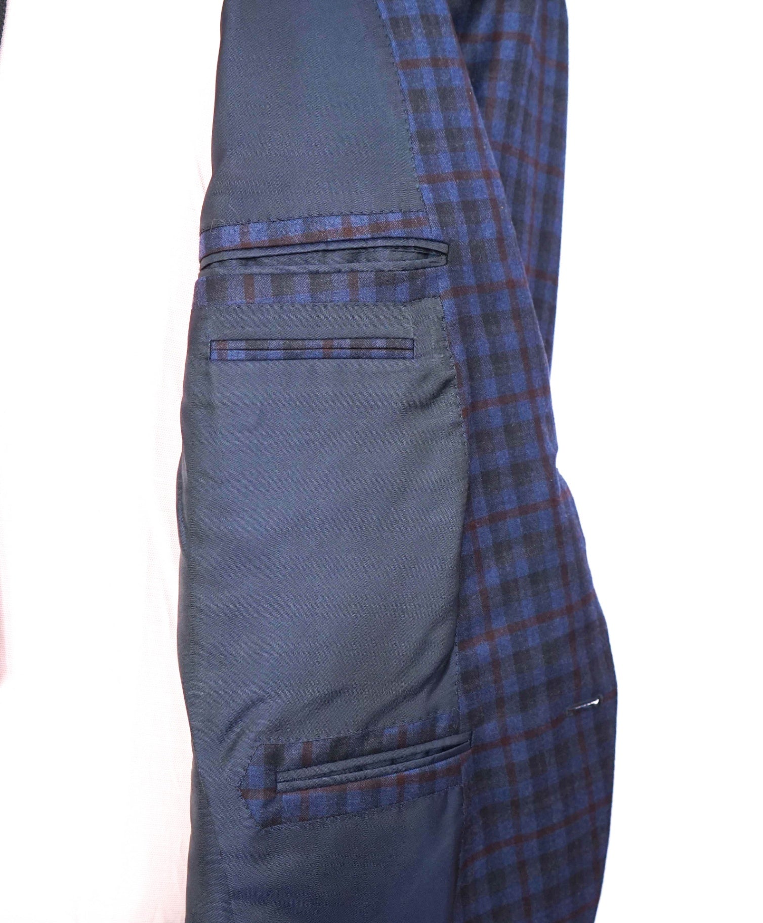 $3,290 ZEGNA - "TROFEO LIGHT" Blue/Burgundy Plaid Flannel Blazer - 48R