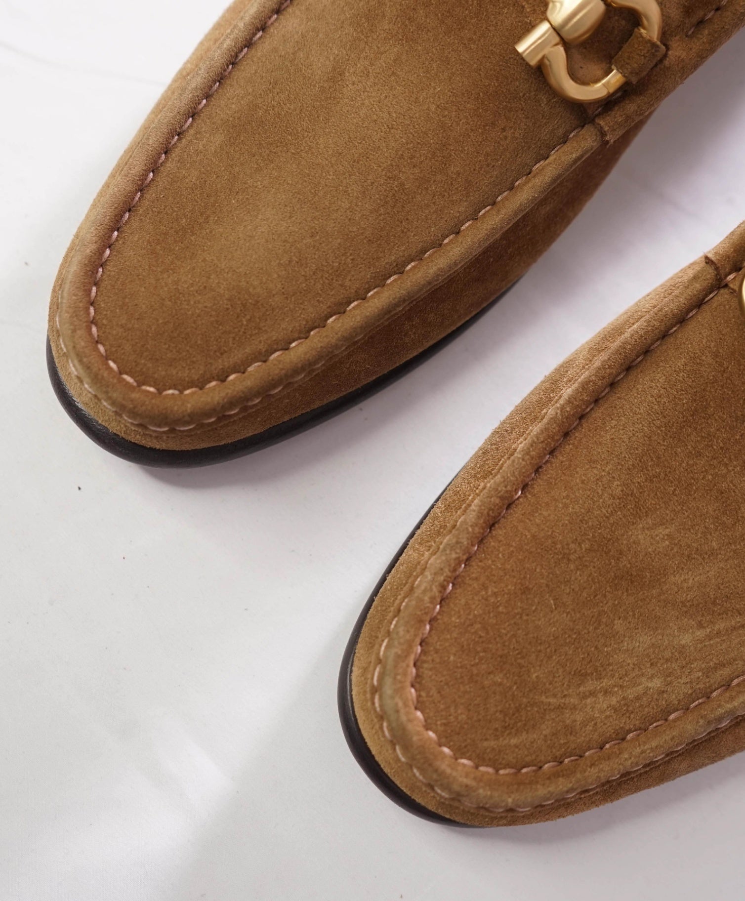 $850 FERRAGAMO - "MASON" Brown Gold Suede Loafers - 14 D