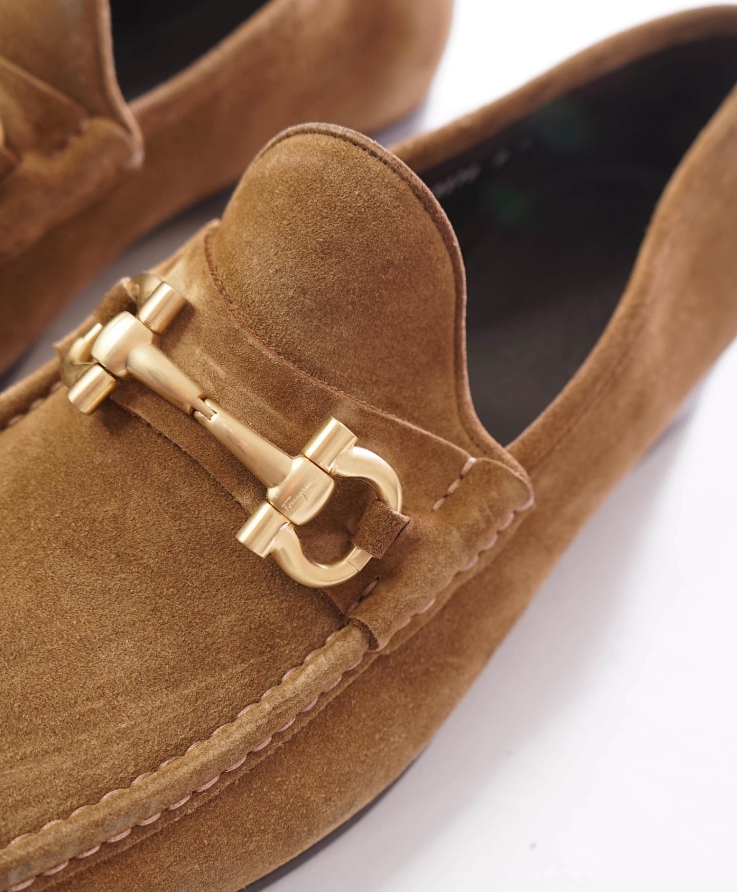 $850 FERRAGAMO - "MASON" Brown Gold Suede Loafers - 14 D