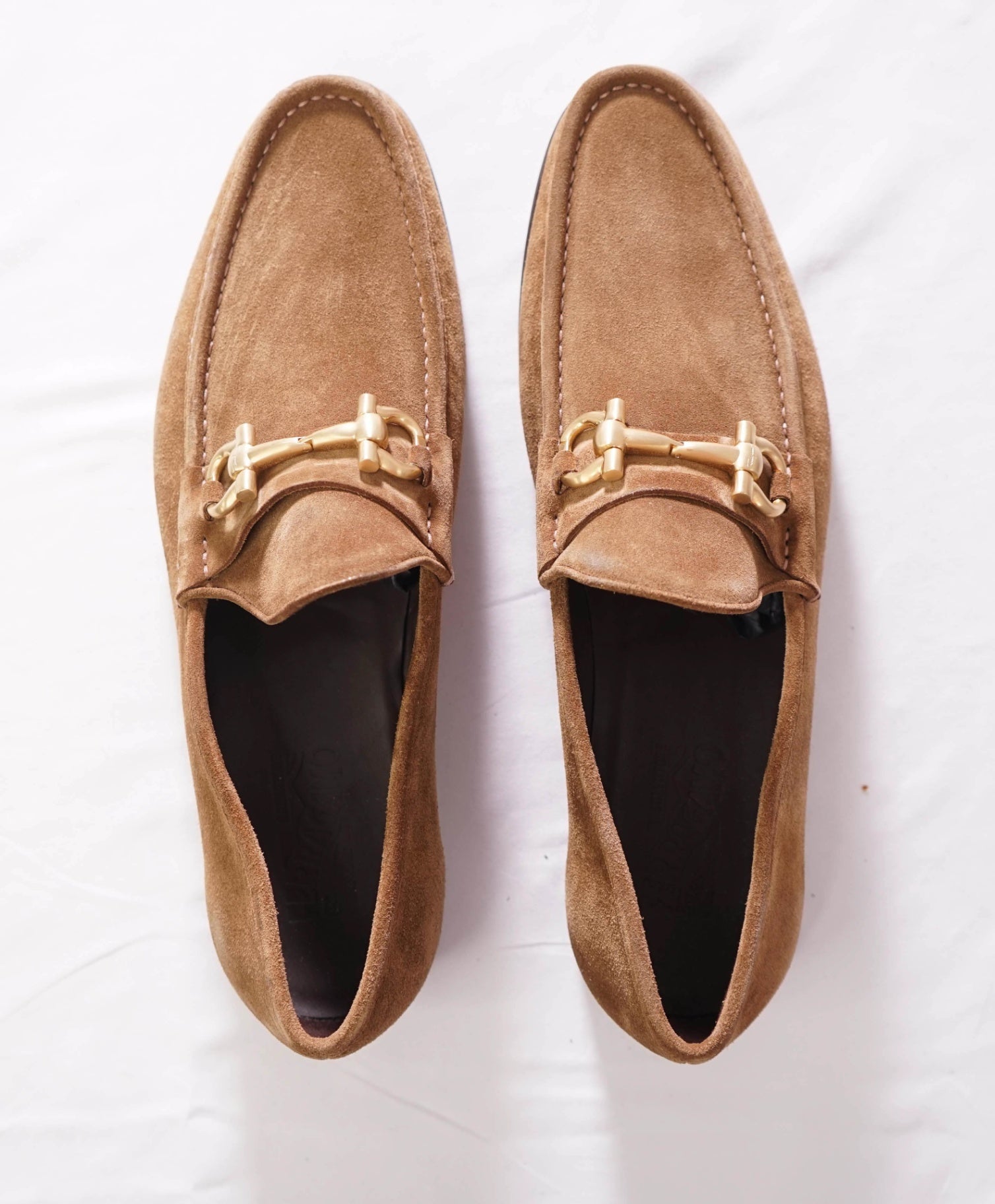 $850 FERRAGAMO - "MASON" Brown Gold Suede Loafers - 14 D
