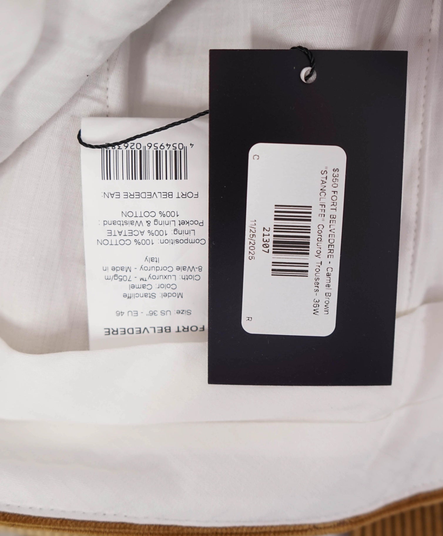 $350 FORT BELVEDERE - Camel "STANCLIFFE" Corduroy Trousers- 36W