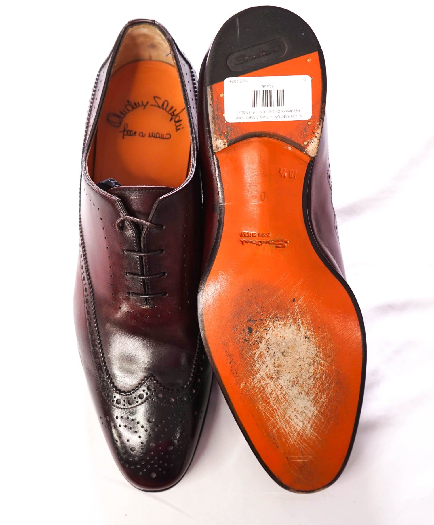 $1,295 SANTONI - "Fatte A Mano" Plum Handmade Oxford - US 11.5 (10.5UK)