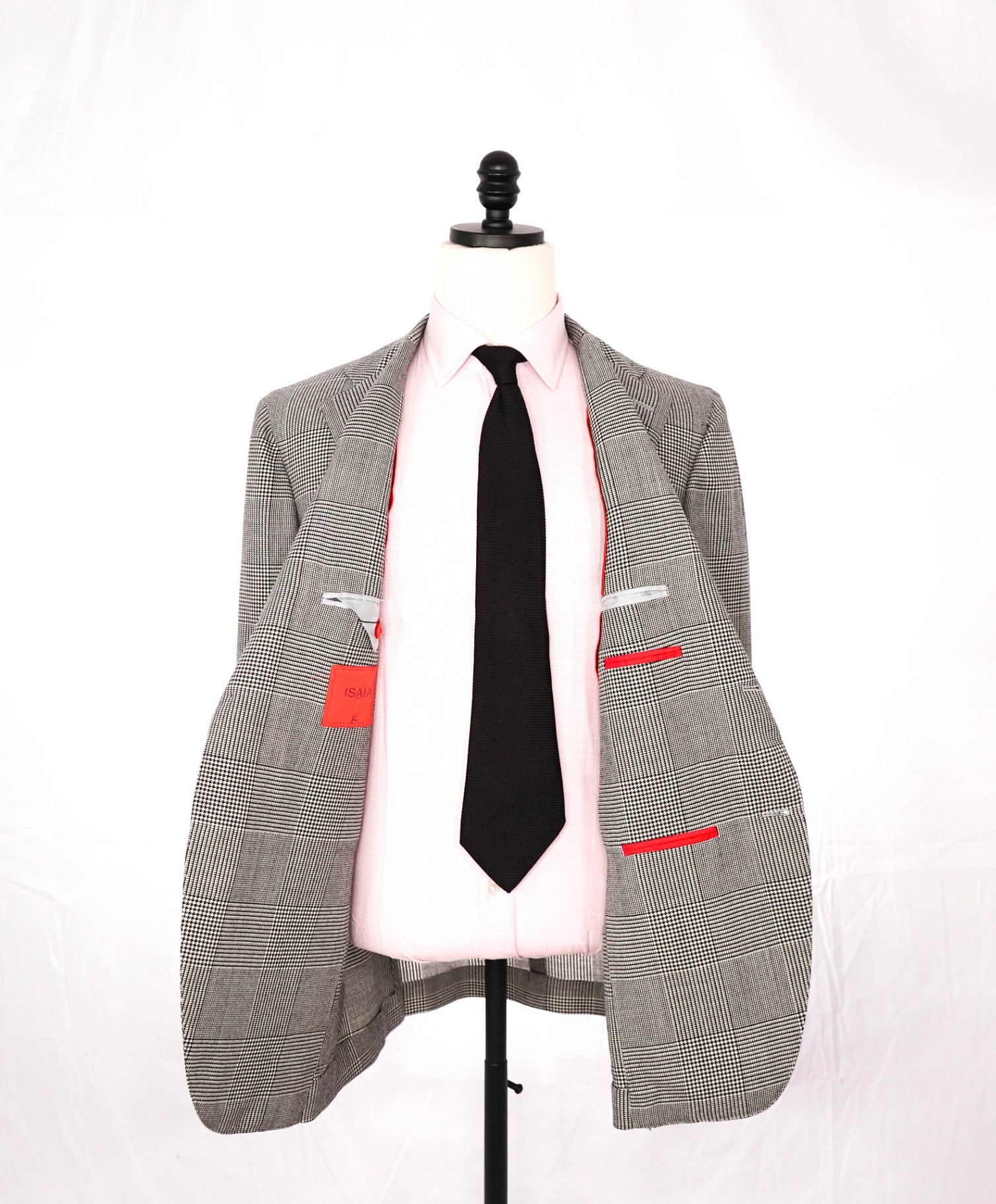 $2,995 ISAIA - Ivory/Black Plaid Houndstooth Flannel Wool Blazer - 46R