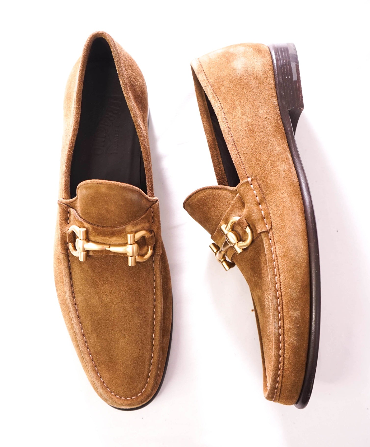 $850 FERRAGAMO - "MASON" Brown Gold Suede Loafers - 14 D