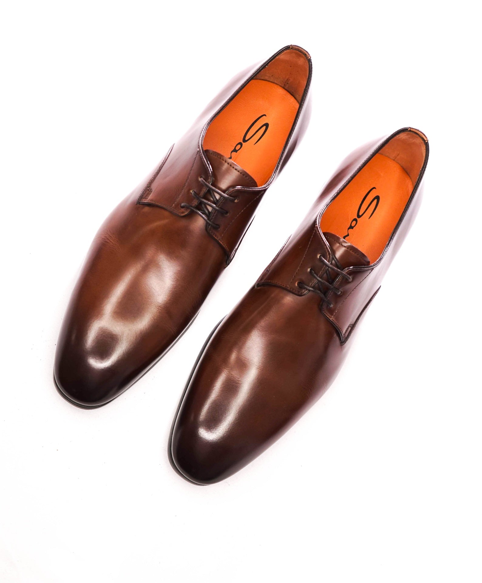 $750 SANTONI - 3-Eylet Patina Brown Leather Derby - US 9 (UK8)