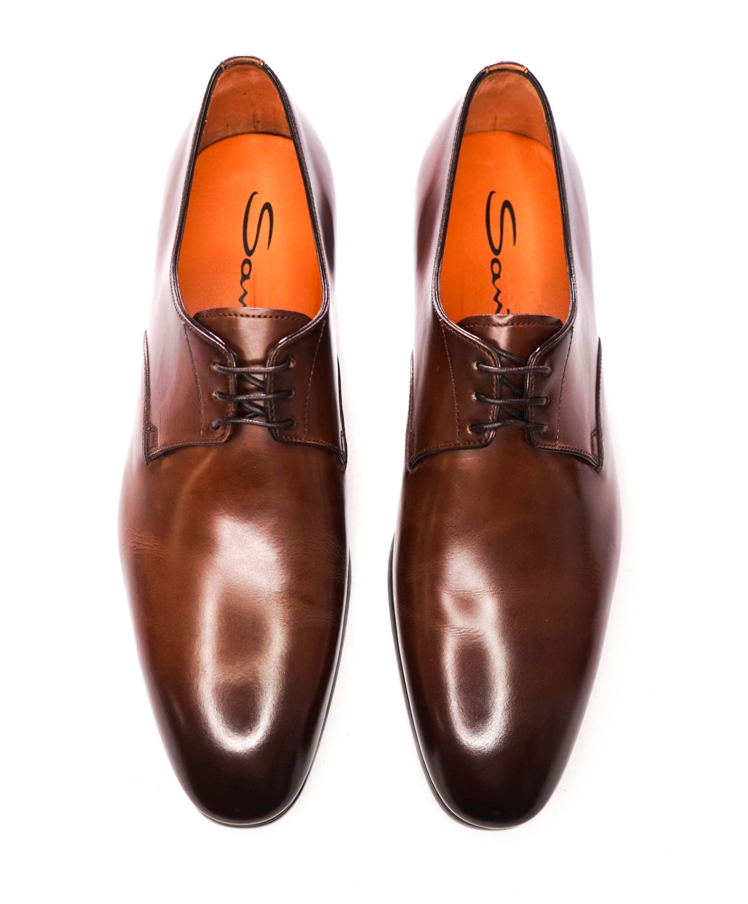 $750 SANTONI - 3-Eylet Patina Brown Leather Derby - US 9 (UK8)