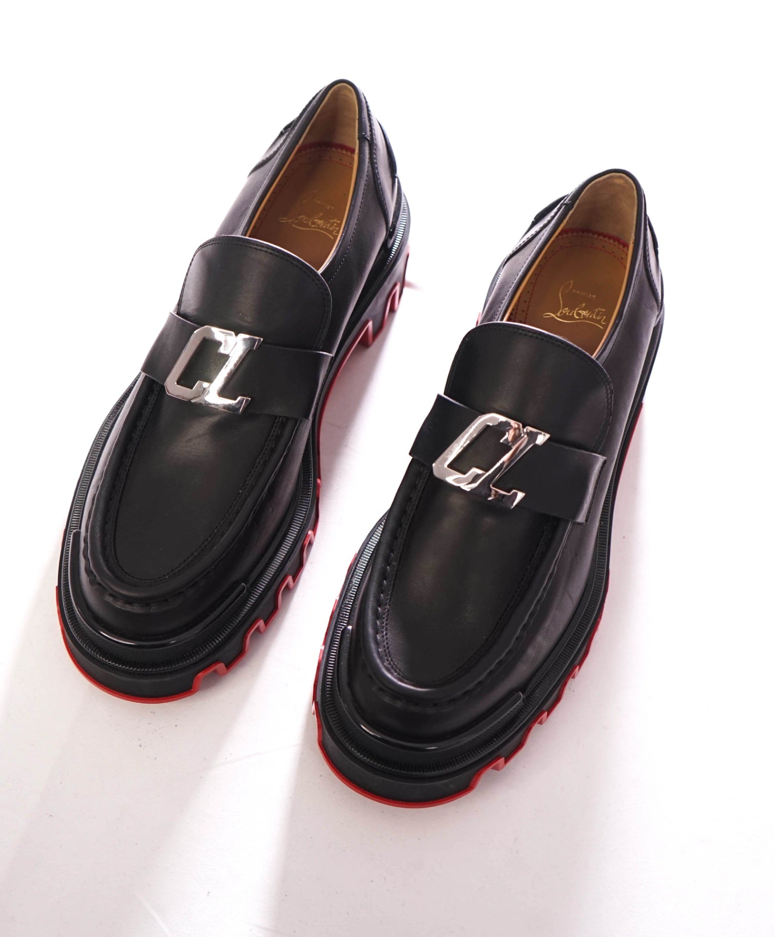 $1,095 CHRISTIAN LOUBOUTIN - Black Leather CL moc DUNE Loafers - US 10 (43EU)