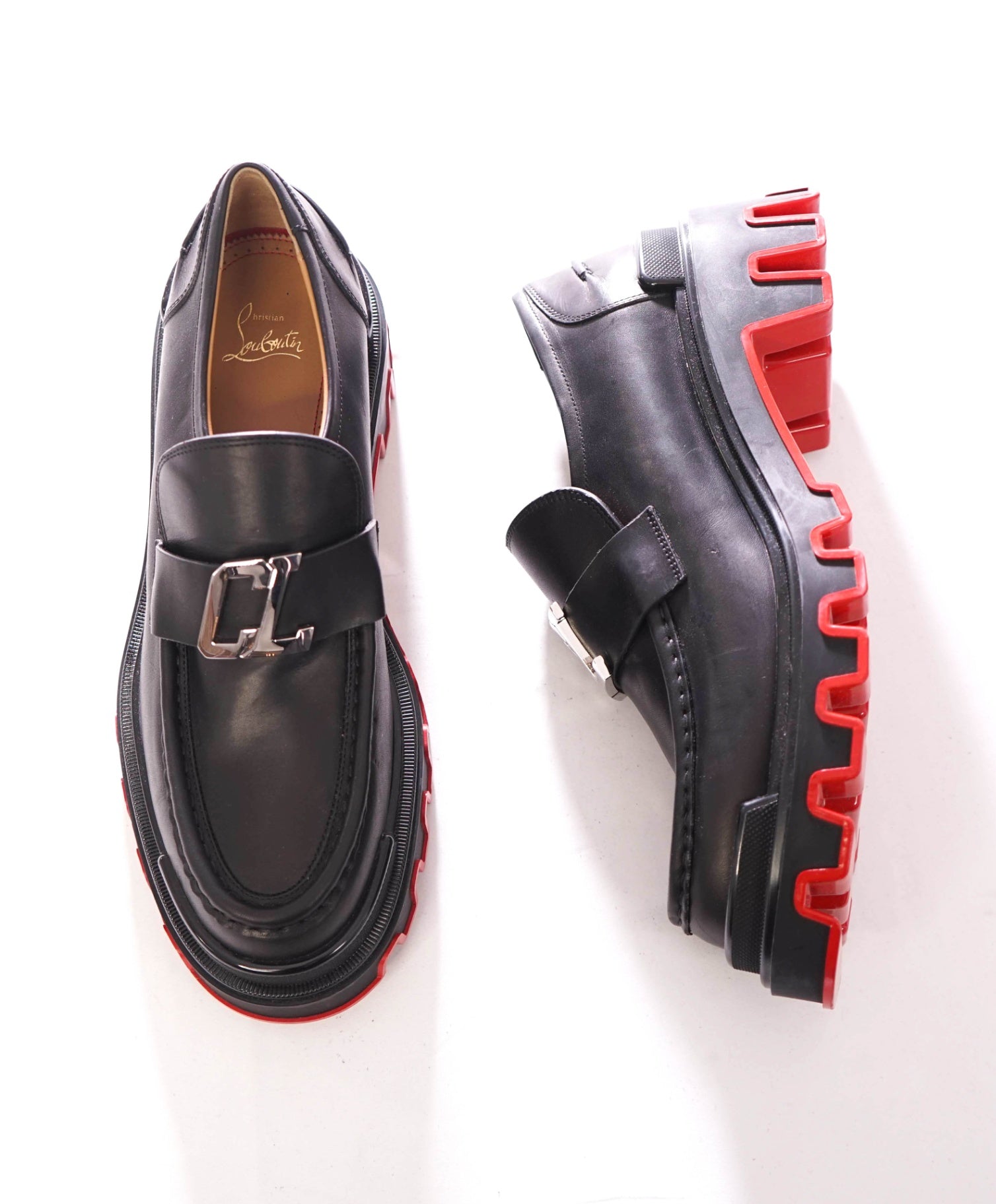 $1,095 CHRISTIAN LOUBOUTIN - Black Leather CL moc DUNE Loafers - US 10 (43EU)
